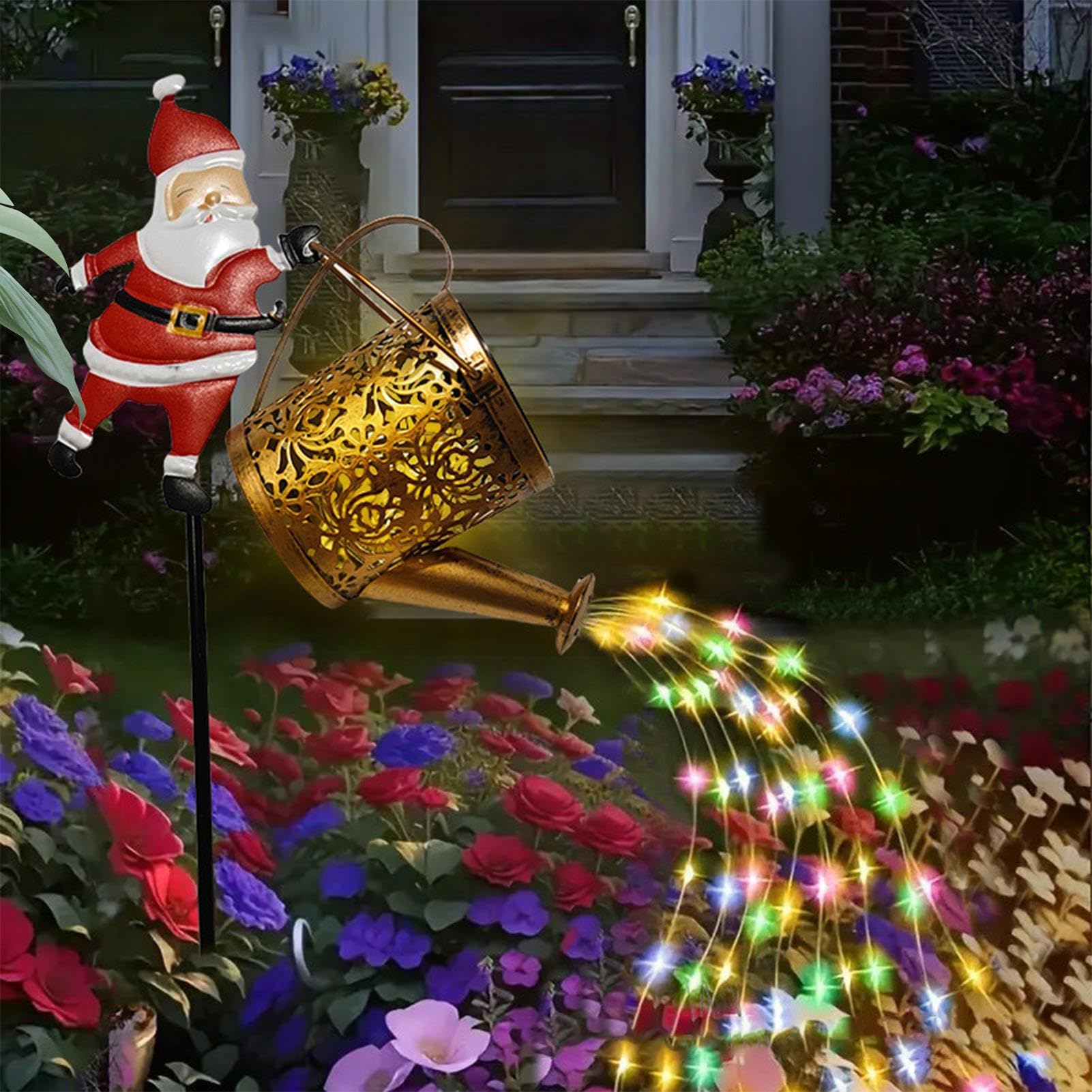 Solar Santa Watering Can Light, Christmas Solar Santa Claus Kettle Lights Outdoor Decoration, Waterproof Outdoor Father Christmas Watering Can for Garden Yard Patio, Pathway