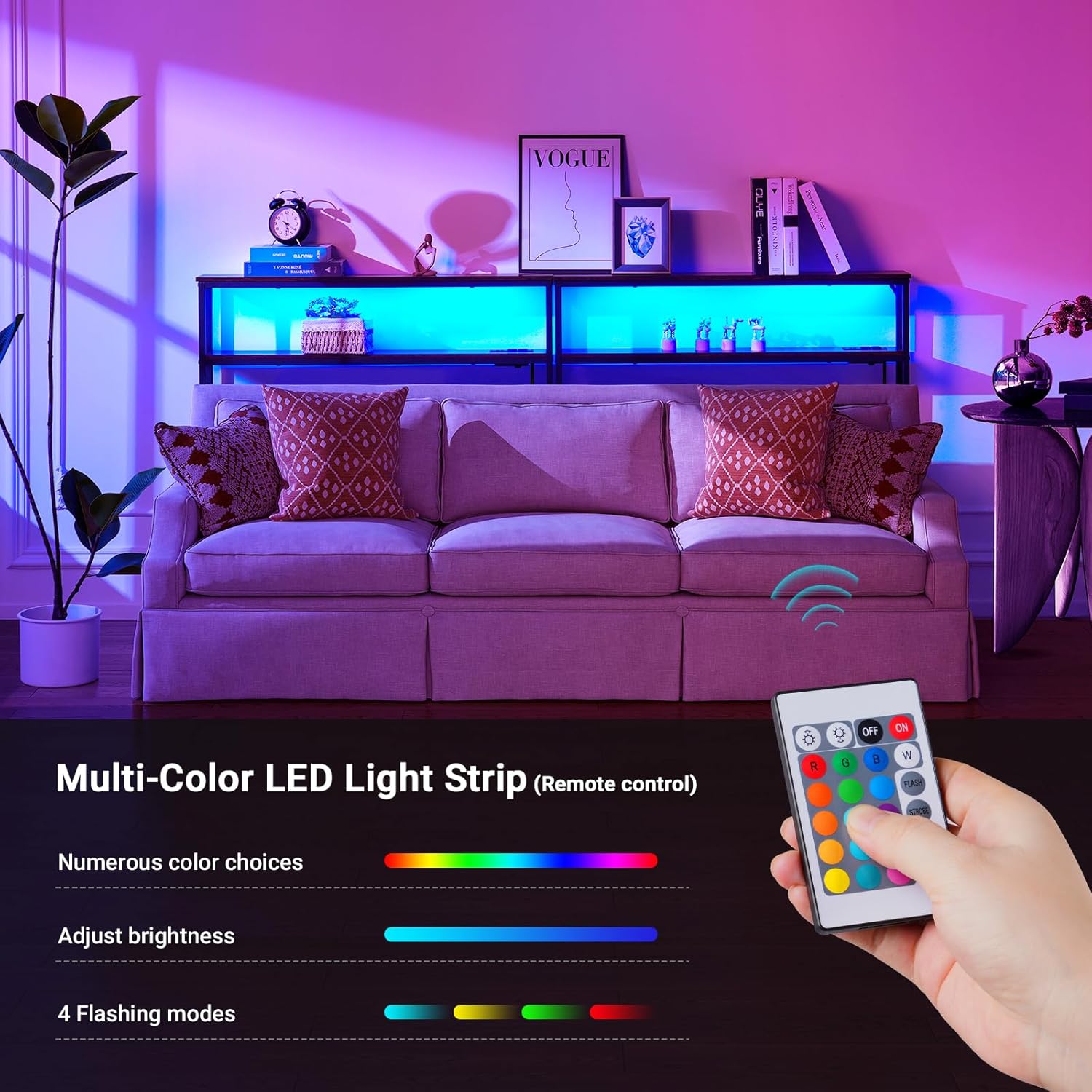ELYKEN 2 Pack 5.9" Narrow 2-Tier Console Sofa Table with LED Strip Light, 5.9" Dx39.4”Wx39.4”H Behind Couch Table with Charge Station, Skinny Table with 6.5’ Extension Cord, Rustic Brown