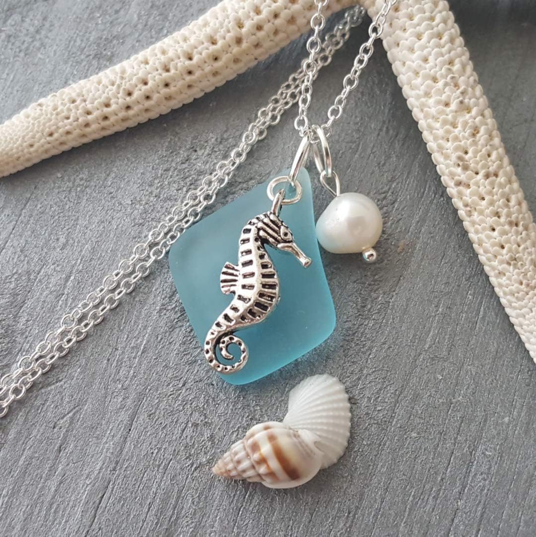 Handmade in Hawaii, turquoise bay blue sea glass necklace,"December Birthstone", Natural pearl, seahorse charm, (Hawaii Gift Wrapped, Customizable Gift Message)