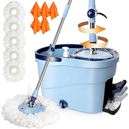 Balai De Serpillère Avec Seau Serpillère Microfibre Avec Seau Essoreur 2 En 1 - 5 Tampons Lavables | Poignée Réglable, Nettoyage Humide/sec Serpillière Microfibre Seau Essoreur