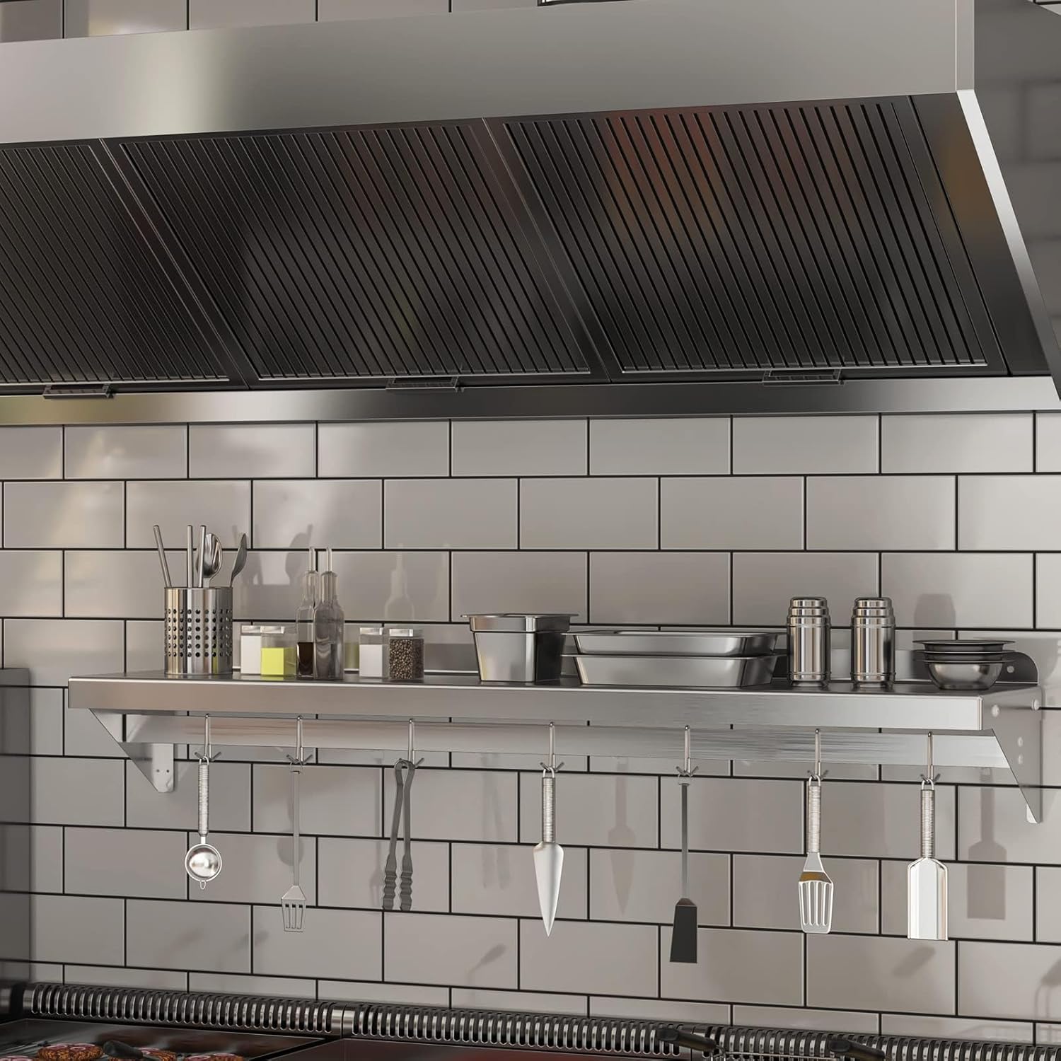Stainless Steel Shelf Wall Mounted, NSF Commercial Wall Shelf, Floating Shelving for Kitchen, Restaurant, Home, Hotel, 60 x 12 Inches Flat Surface with 7 Hooks