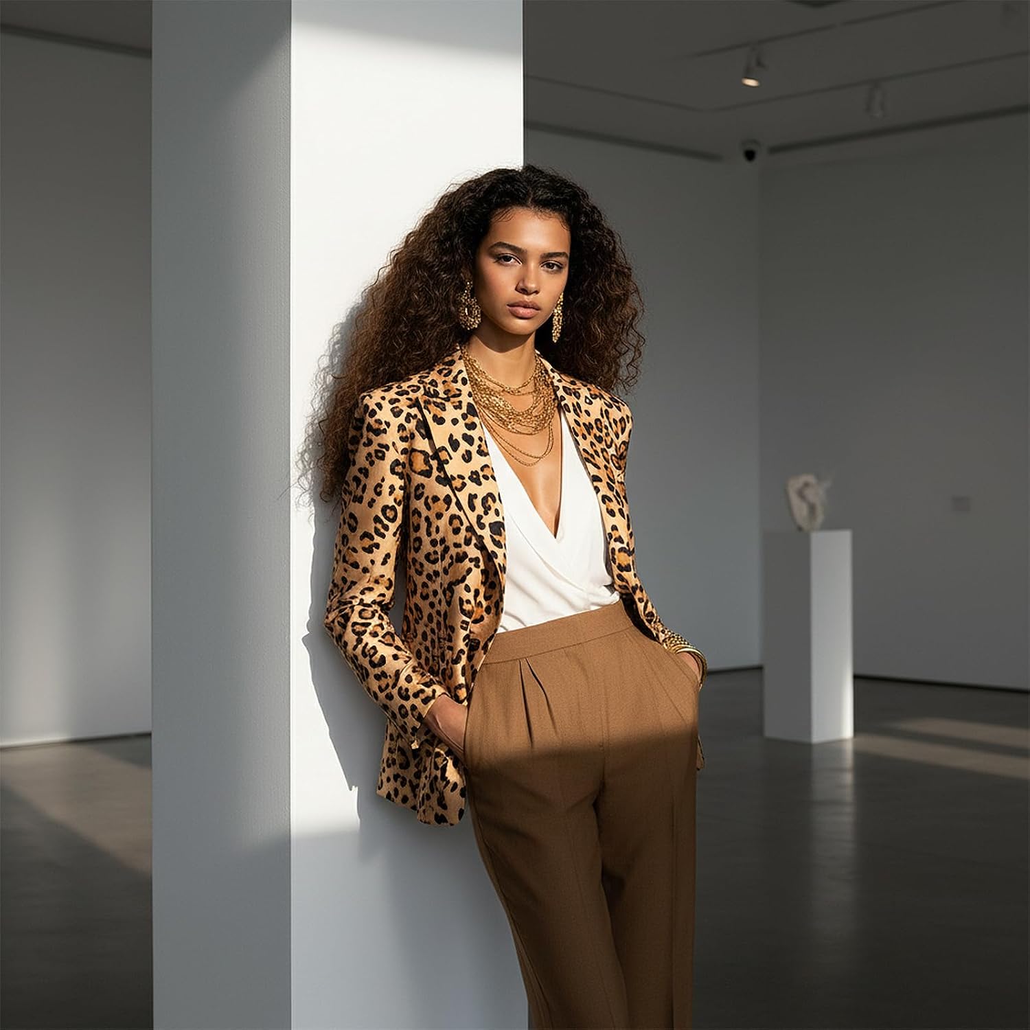 Leopard Print Blazer Women Long Sleeve Padded Shoulder Open Front Business Casual Suit Jacket for Work