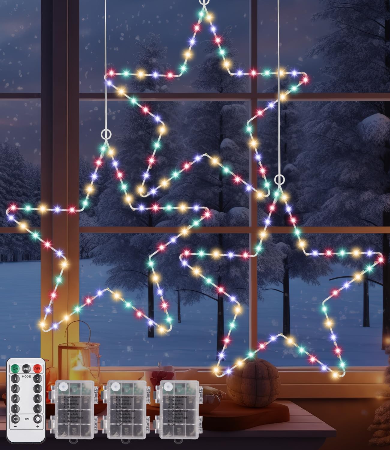 Luces Navidad de Estrella, 3 Piezas 50 LED Luces de Ventana Decoración Navidad Luces Hadas de Estrella de Batería Exterior para Fiesta, Boda, Balcón, Ventana, Luz de Color