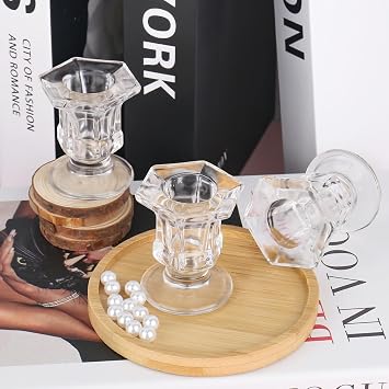 XTDMJ Glass Candle Holder for Candlestick, 6Pcs Clear Candle Holders Thicker Glass Candle Sticks Set, Taper Hexagonal Candlestick Holders for Wedding, Festival, Party & Table Decoration