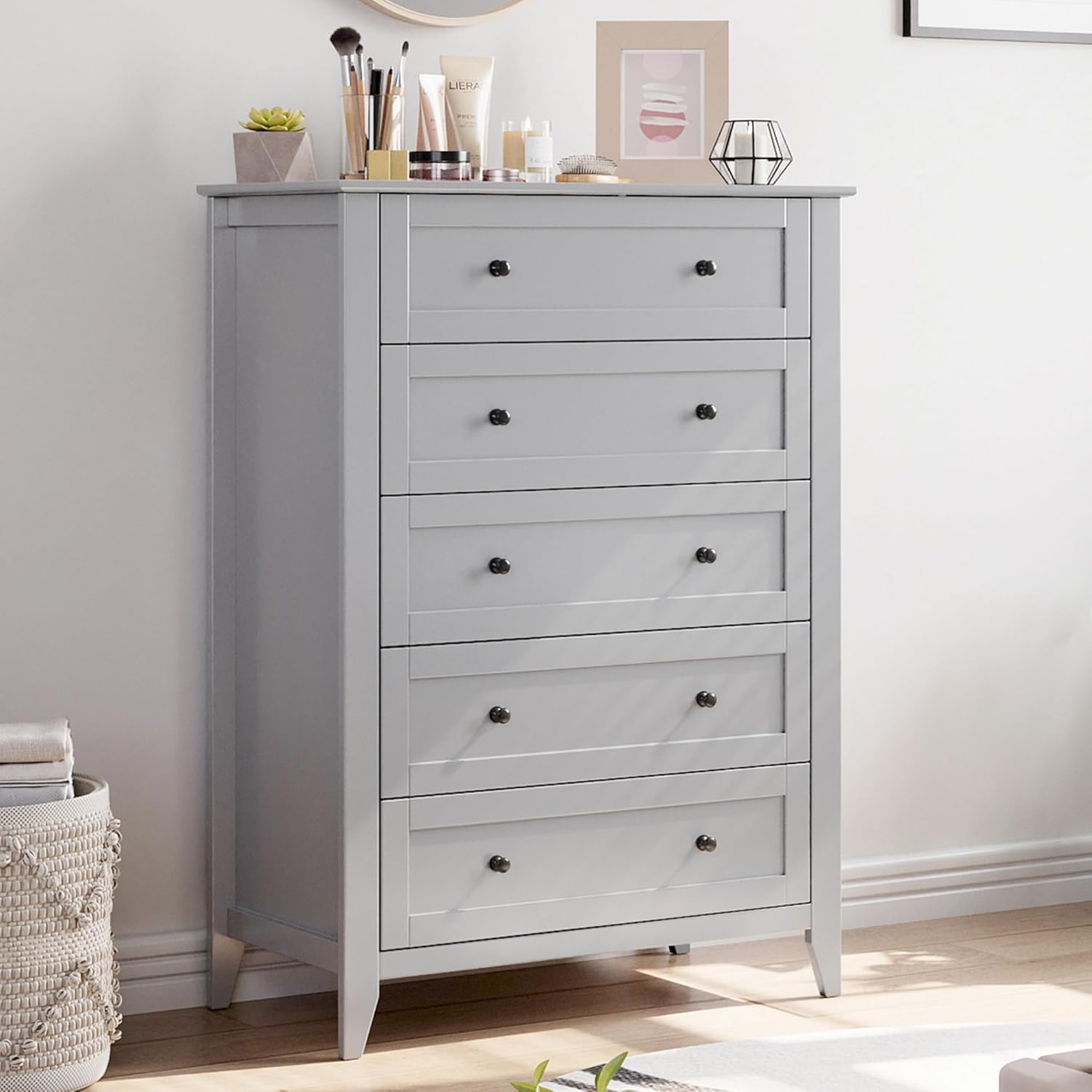 IDEALHOUSE 5 Chest of Drawer Dresser, Modern Grey Organizer Dresser with with Drawers for Bedroom, Living Room, Entryway, 42.5'' Tall