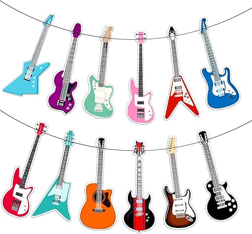 Miniatura 1 de Cartel de feliz cumpleaños de guitarra, decoración geométrica multicolor para fiestas temáticas de música para niños y niñas, 5 x 78 pulgadas