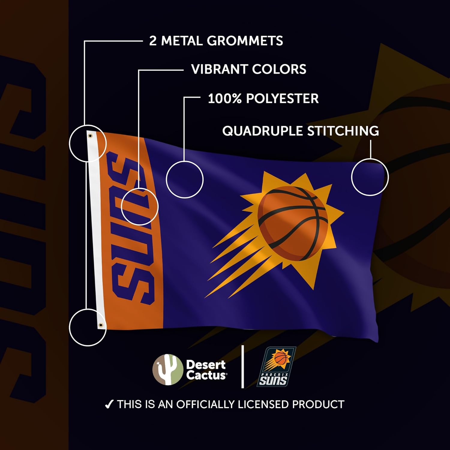 Desert Cactus Phoenix Suns Flag NBA 100% Polyester Indoor Outdoor 3x5 feet National Basketball Association Team Flags (Team Name) - Image 4