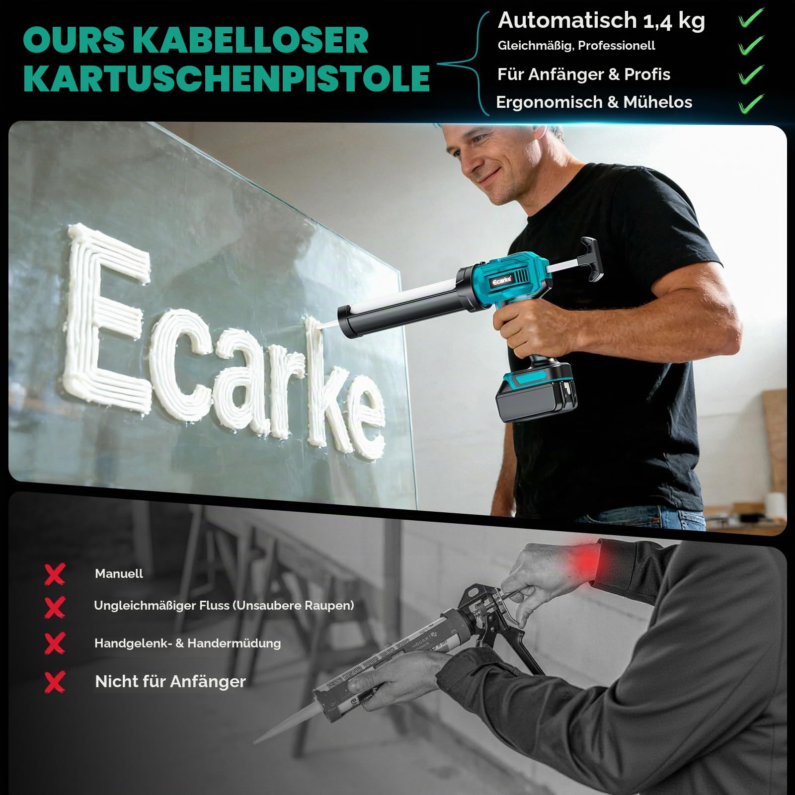 Ecarke Akku-Kartuschenpresse kompatibel mit Makita 18V Akku, 300 ml | Bürstenloser Motor, 6 Drehzahlstufen mit LED, für 300-ml-Kartuschen, ideal für Renovierung und Haushalt, ohne Akku