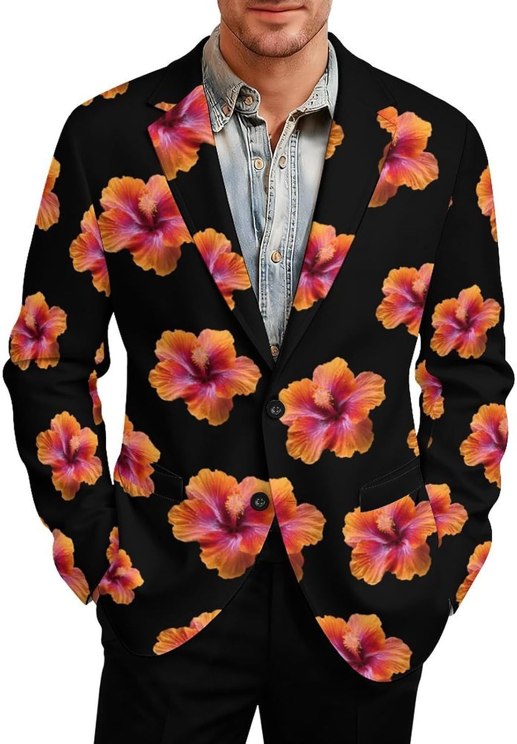 Orange Hibiscus Flower Trendy Men's Two Button Suit Funny Casual Slim Fit Blazer Coat Tuxedos Jackets