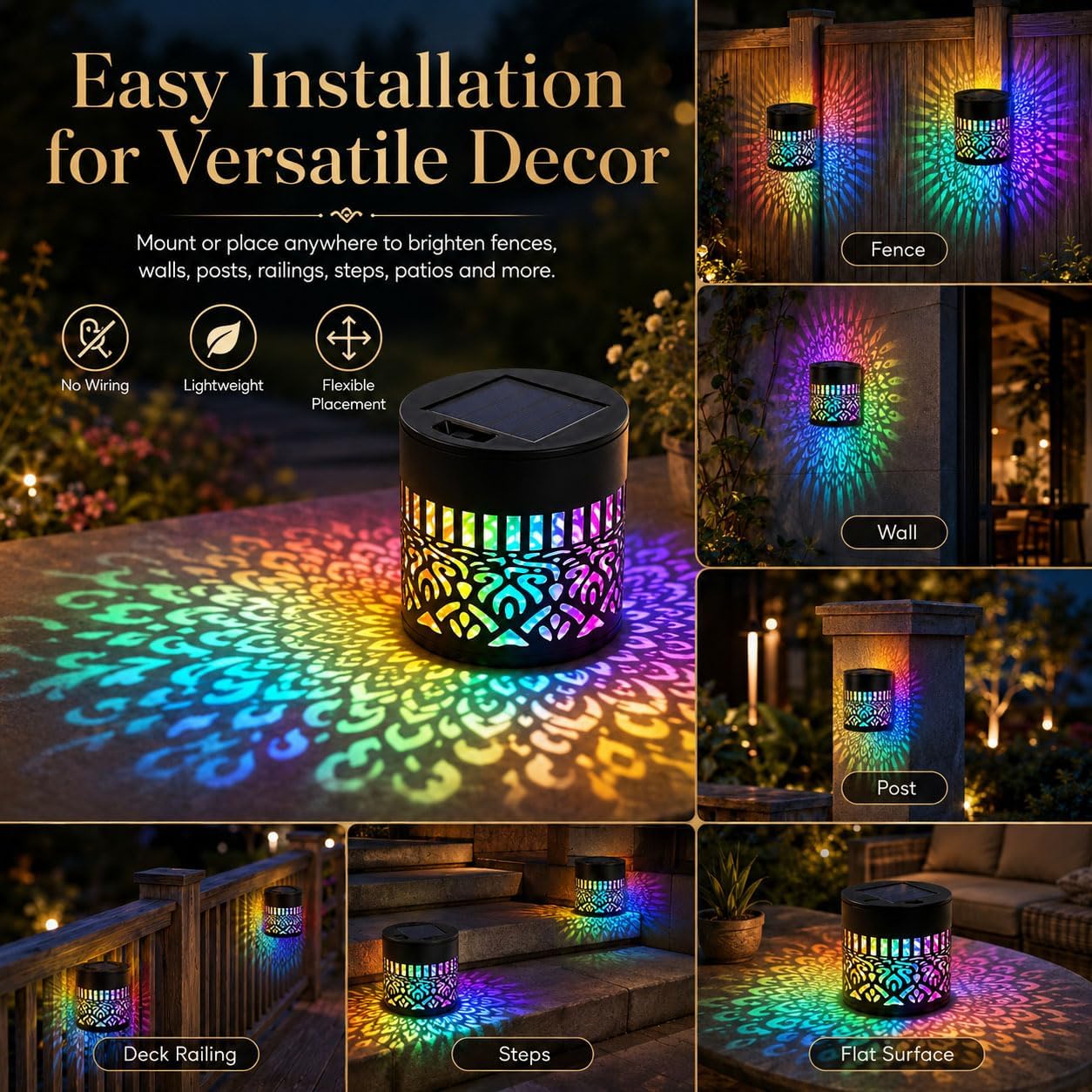 Solar Mandala Wall Light, Solar Mandala Projector Light Outdoor, Dazzling Decorative Waterproof Fence Lights for Patio, Backyard, Fence, Deck, Porch, Yard Pathway Decor (4PCS)