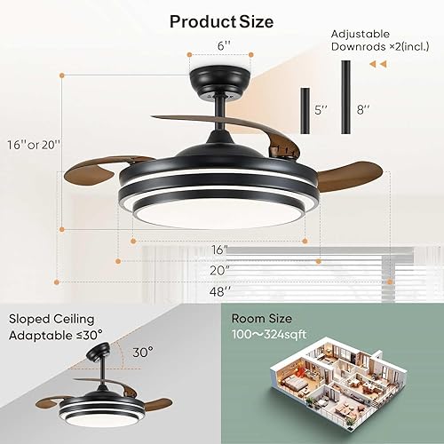 Miniatura 6 de Ventilador de techo de 48 pulgadas con luz, ventilador de techo retráctil con luces para dormitorio, sala de estar, comedor, lámpara con ventilador