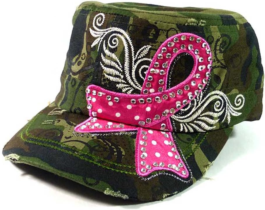 Childhood Fancy Pink Ribbon Distressed Crystal Rhinestone Adjustable Military Cadet Cap