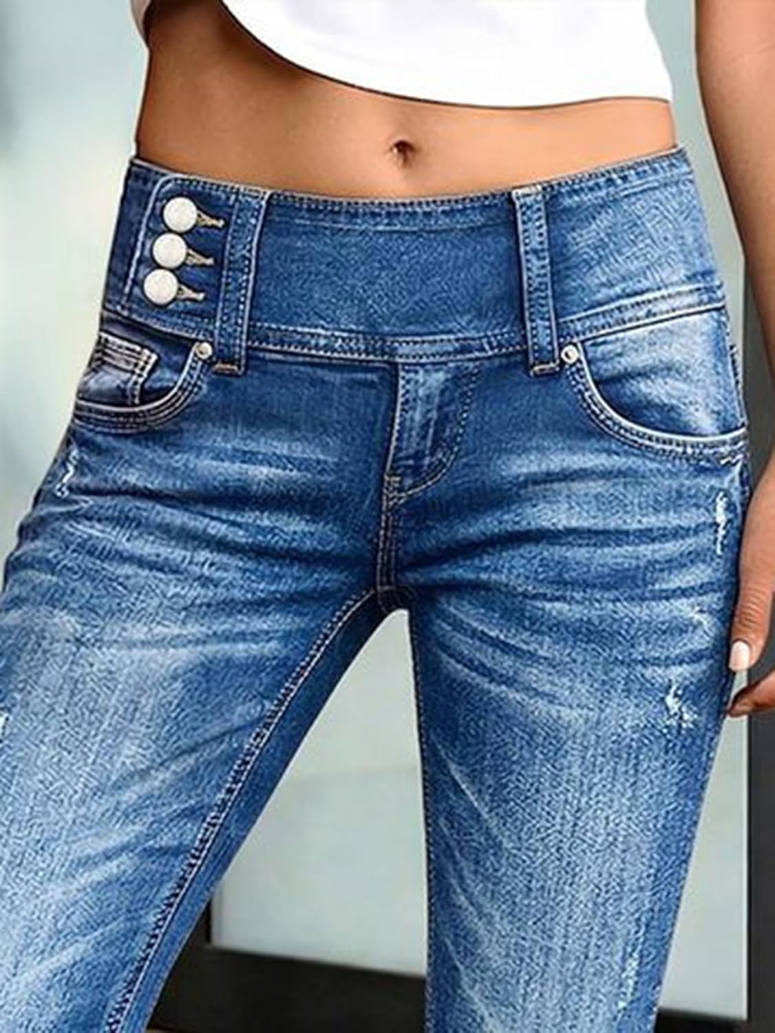 Flamingals Mid Waist Skinny Crop Jeans for Women Wash Button Decor Elastic Slim Fit Trendy Casual Denim Jeans with Pockets