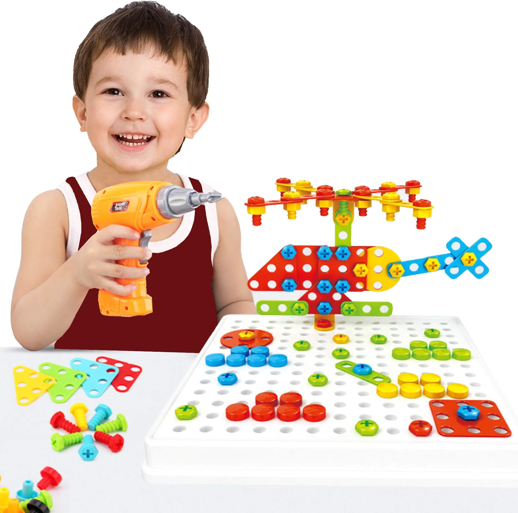 Building Block Games Set with Toy Drill & Screwdriver Tool Set - Educational Building Blocks Construction Games Develop Fine Motor Skills - Best Kids Toys for Boys & Girls Age 3 + Year Old