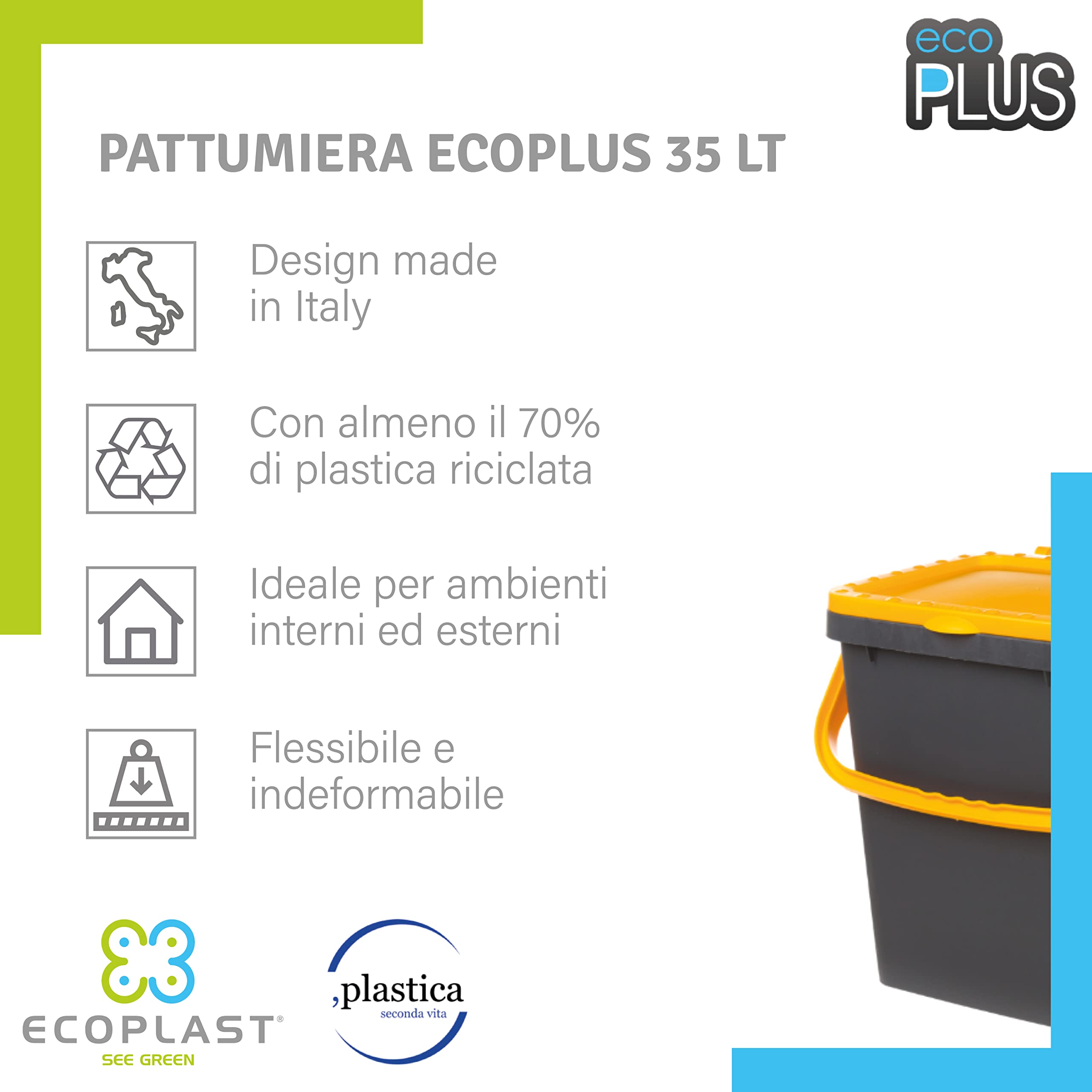 Ecoplast | Cubo de basura de 35 litros para recogida selectiva – con tapa y asa antitirandagismo, ideal para exteriores e interiores