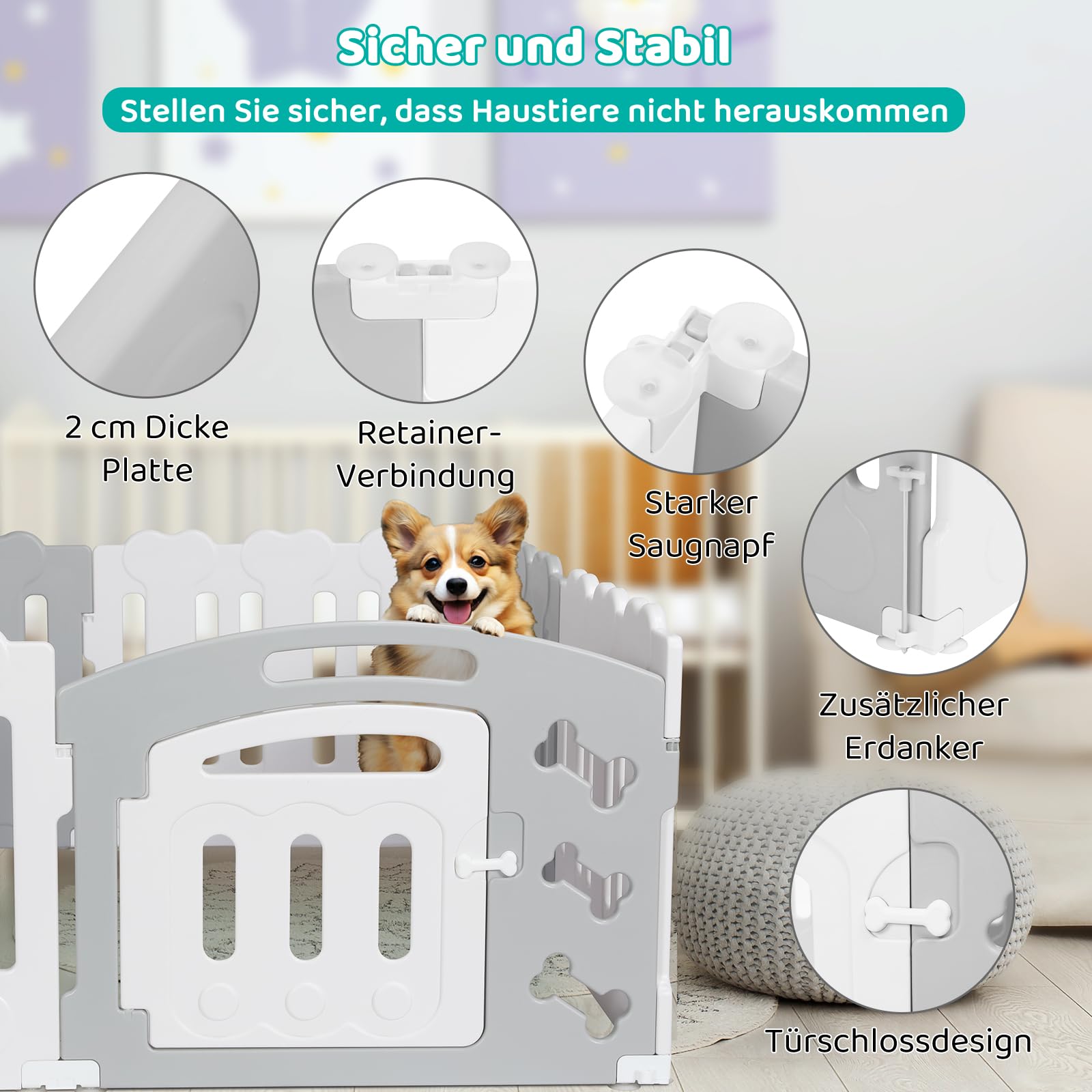 MAMIZO Recinto per Cani Interno Esterno alto 60cm, Box Cani 7+1 PCS Pannelli, Recinzione Gatti Pieghevole, Recinto Gatti in Plastica con Cancello, Incluse Ventose e Ancoraggi a Terra, Grigio-Bianco