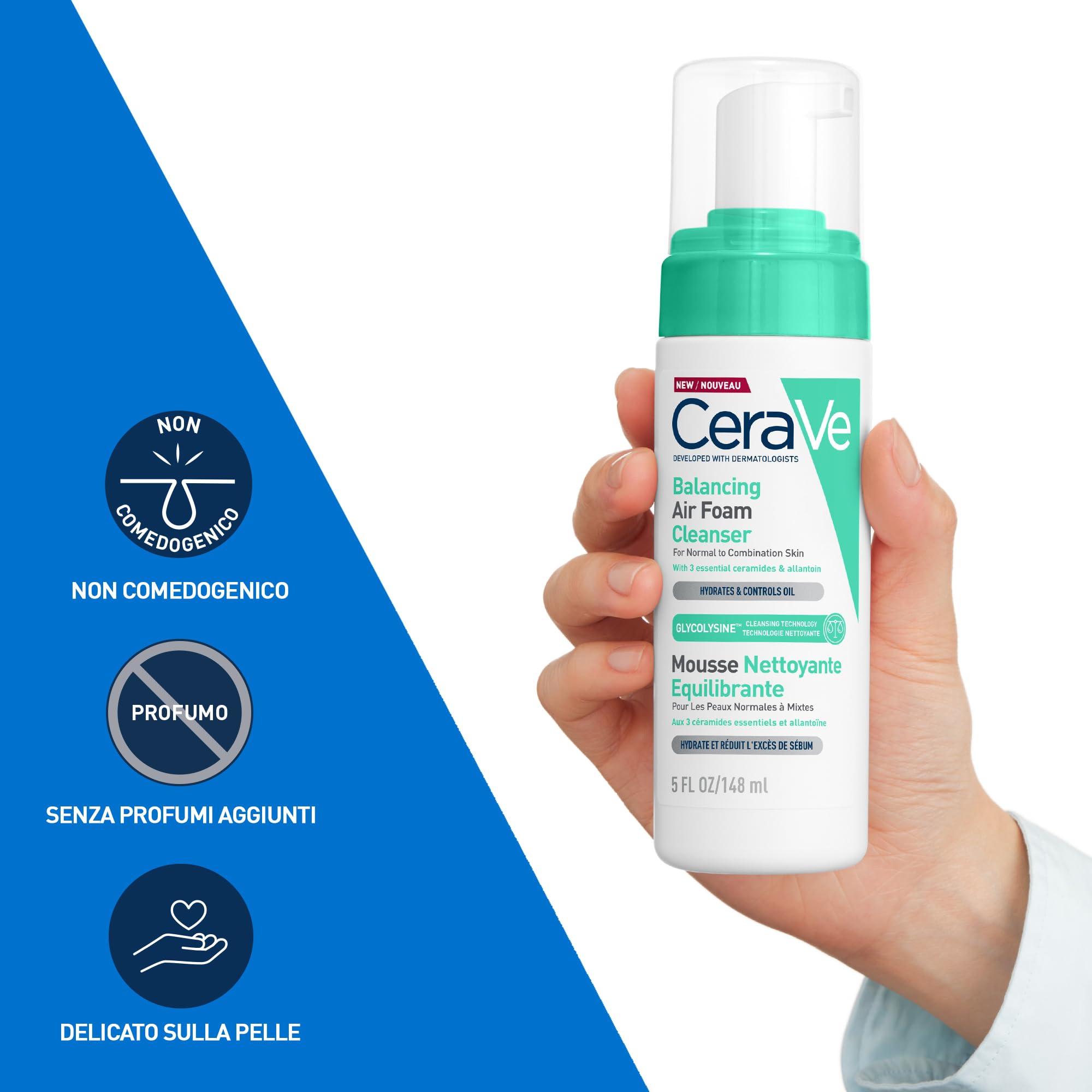 CeraVe Mousse Detergente Riequilibrante, Per Pelli da Normali e Miste, Pelle Idratata e Produzione del Sebo Ridotta, Con Tecnologia Glycolysine, 3 Ceramidi Essenziali e Allantoina, 148 ml