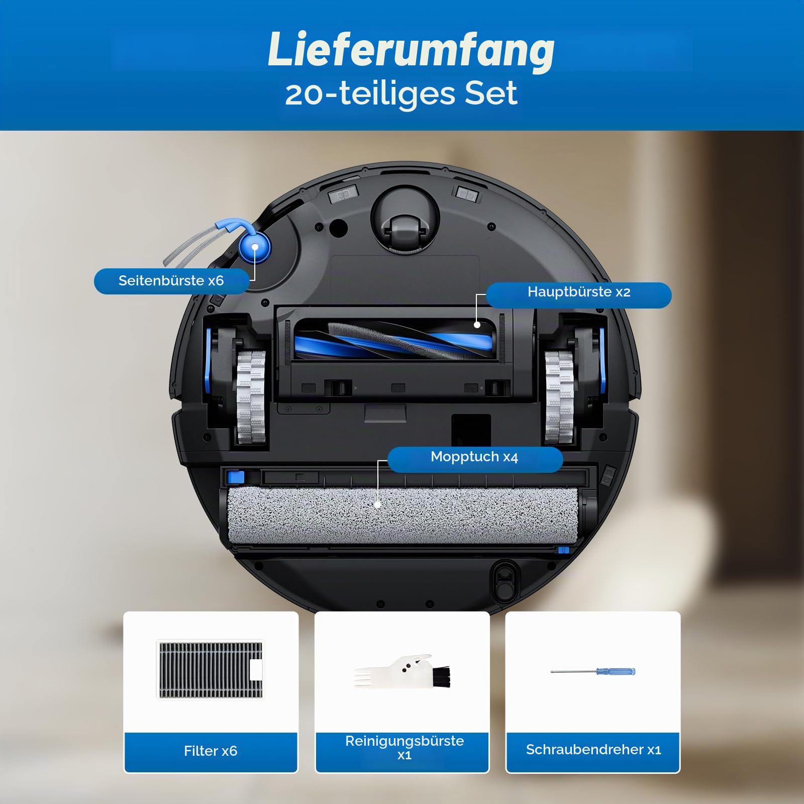 X12 OmniCyclone Zubehör für ECOVACS DEEBOT X12 OmniCyclone/X12/T90 Pro Omni | 20-Teiliges X12 Pro Omni Saugroboter Ersatzteile:2 Hauptbürsten,6 Seitenbürsten,6 Filter,4 Wischwalzen