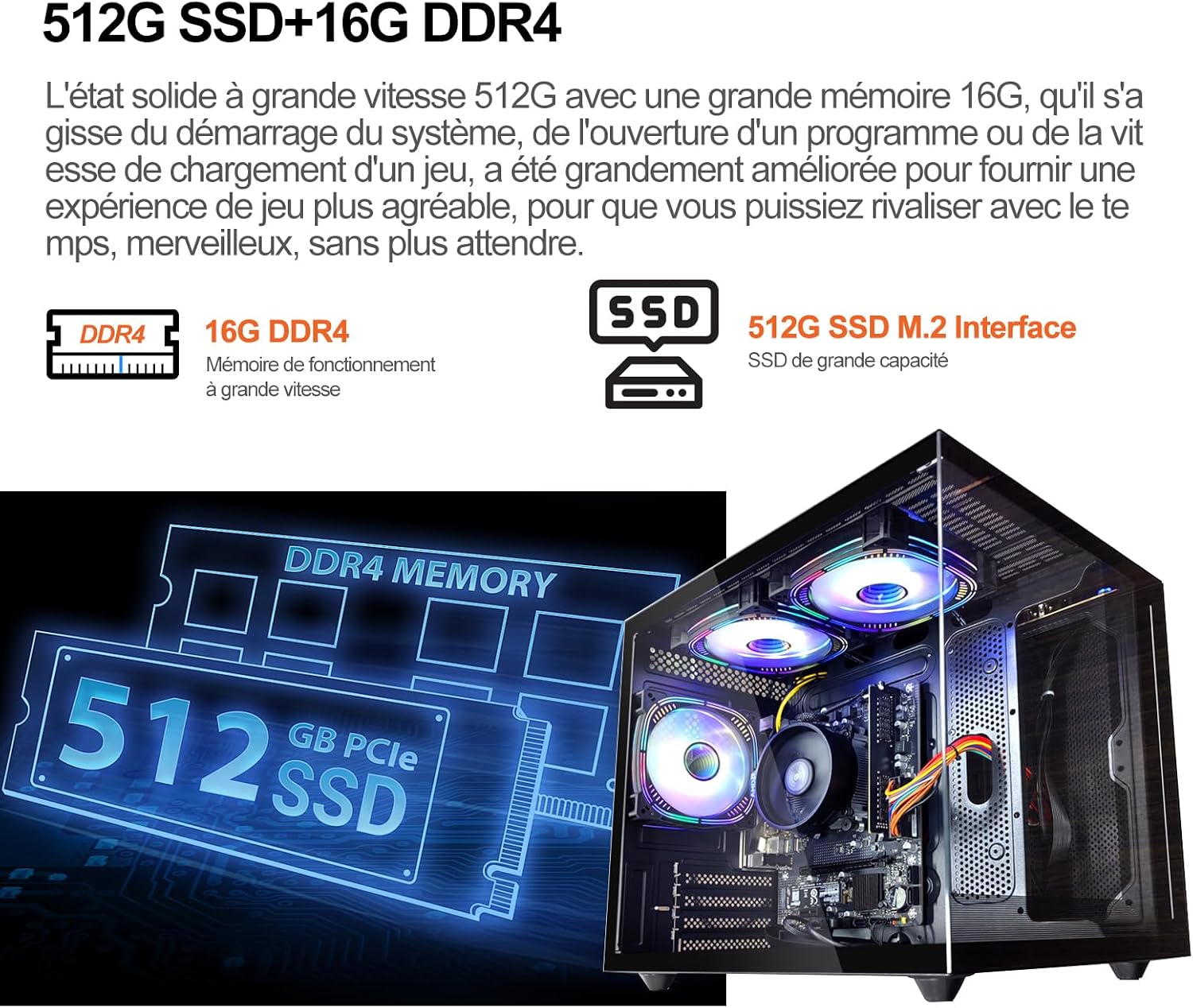 Internal view of the suevery desktop PC showing the SSD and RAM modules