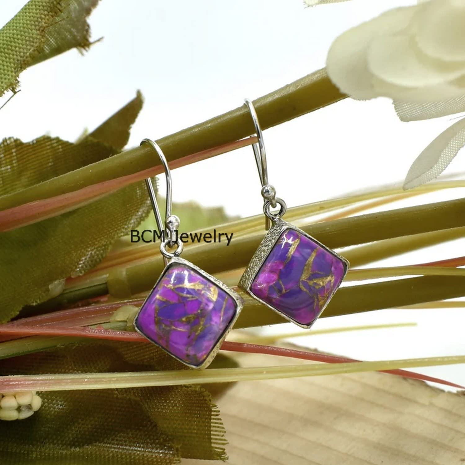 Sólidos pendientes de plata de ley 925 para mujer, pendientes de regalo de dama de honor, turquesa de cobre púrpura, pendientes de piedras preciosas, regalo de Navidad para ella