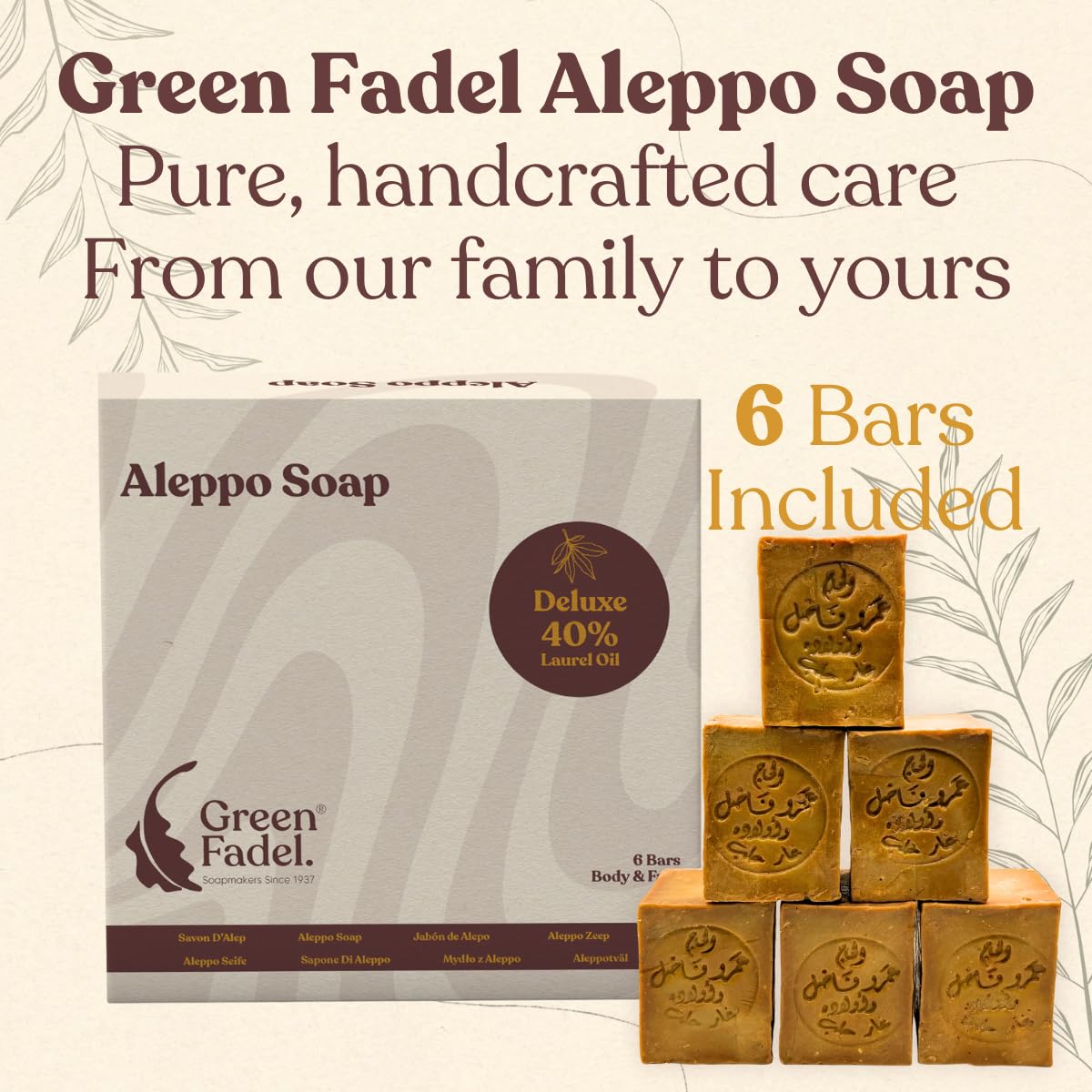GREEN FADEL Sapone di Aleppo Originale, 40% Olio di Alloro, 60% Olio d'Oliva, 6 x ca. 200g (Deluxe) Sapone all'Olio d'Oliva, Naturale, Fatto a Mano, Vegano