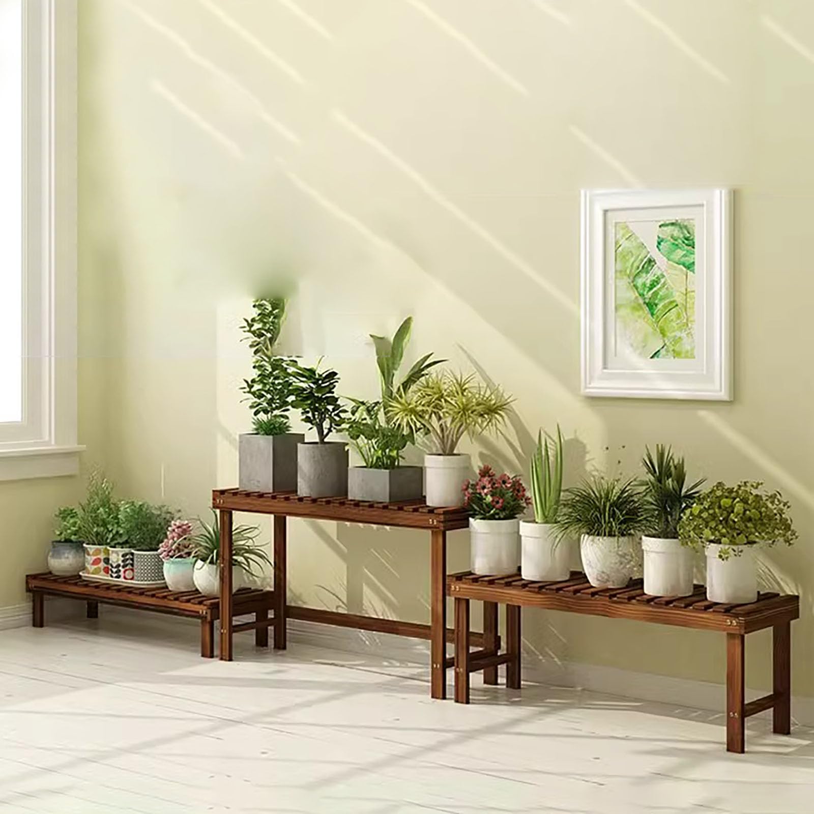 Pflanzenständer aus Holz für den Außenbereich, gestuftes Pflanzenregal für Garten, Hof, Terrasse und Balkon einfach zu montieren (Braun, 98x45cm)