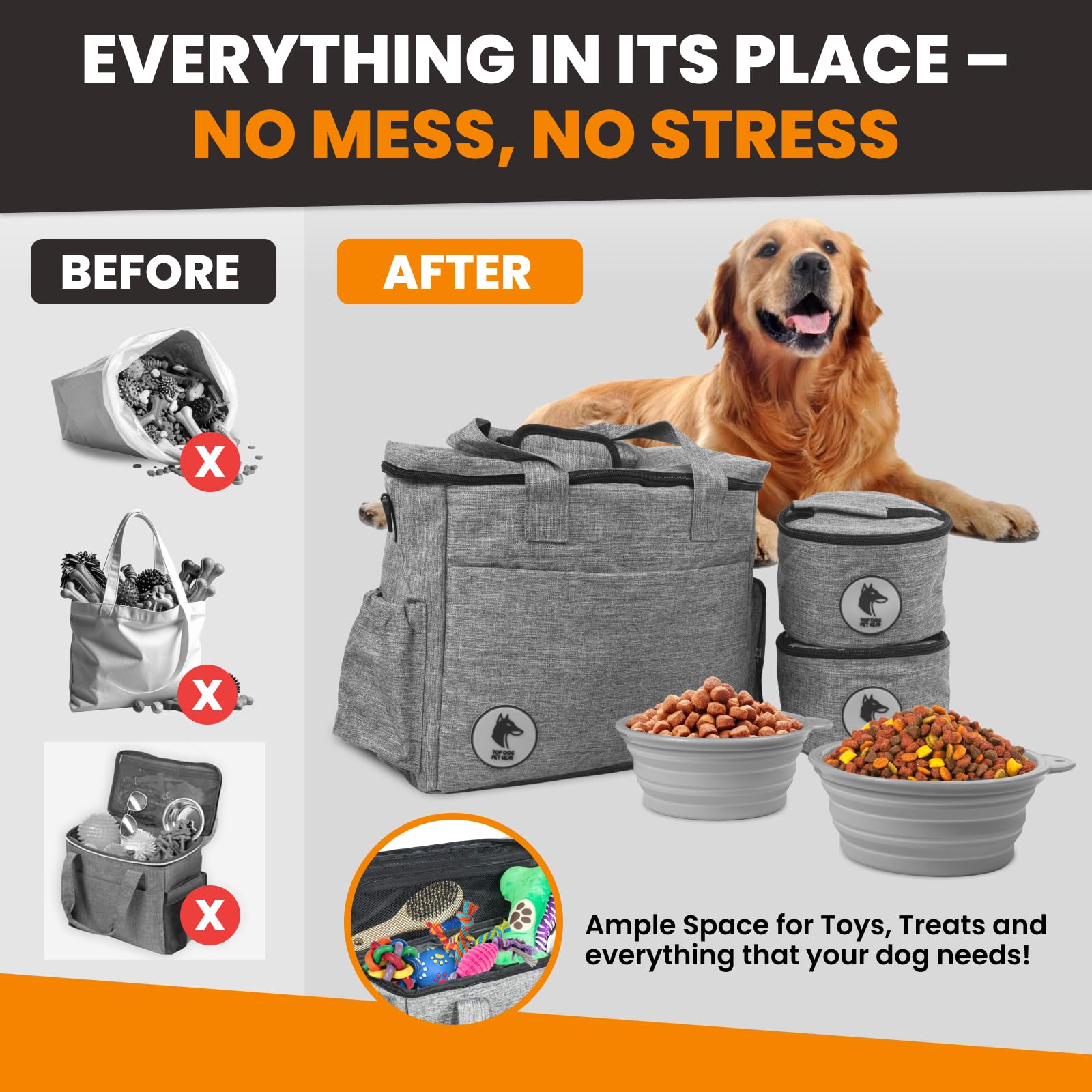 Bolsa de viaje gris para perros, incluye bolsa de viaje, cuencos de viaje para perros, almacenamiento de alimentos, bolsas para perros aprobadas por aerolíneas para viajes, accesorios