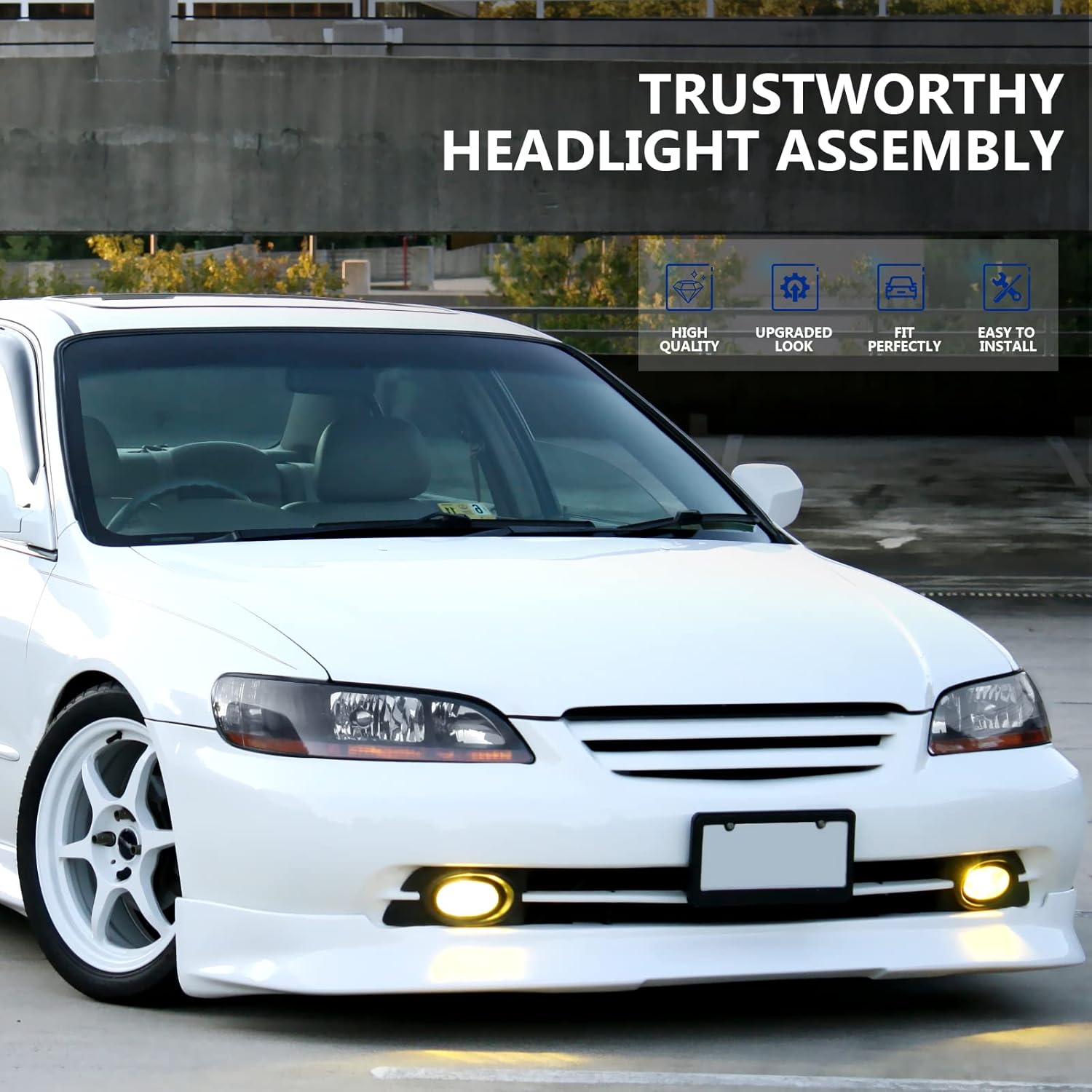 ECCPP Headlight Assembly Pair For Honda For Accord 1998-2002 Black Housing Amber Reflector Clear Lens Driver and Passenger Side Headlamps