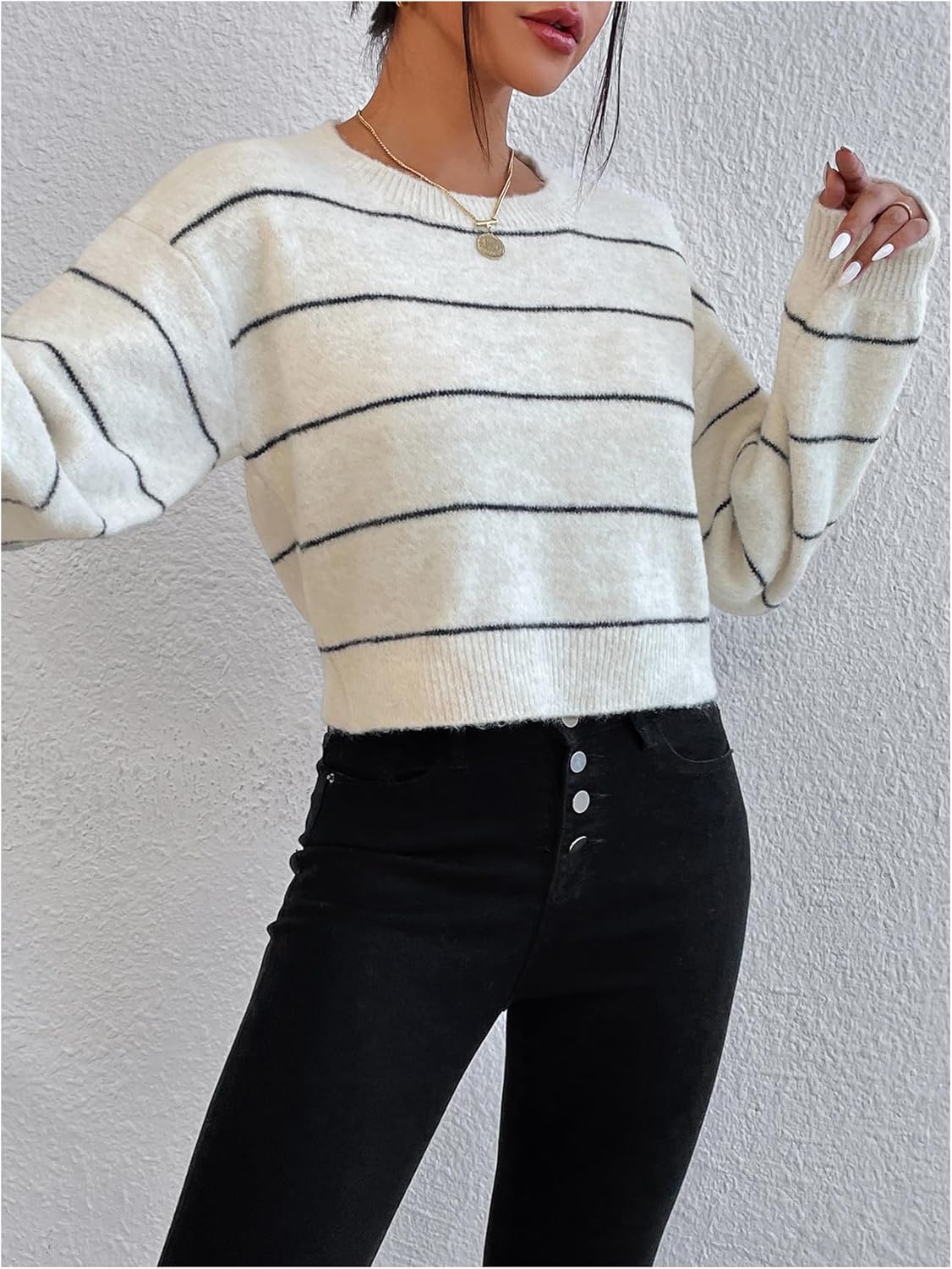 Milumia Women's Striped Knit Cropped Sweater Long Puff Sleeve Crewneck Casual Pullover Tops - Image 2