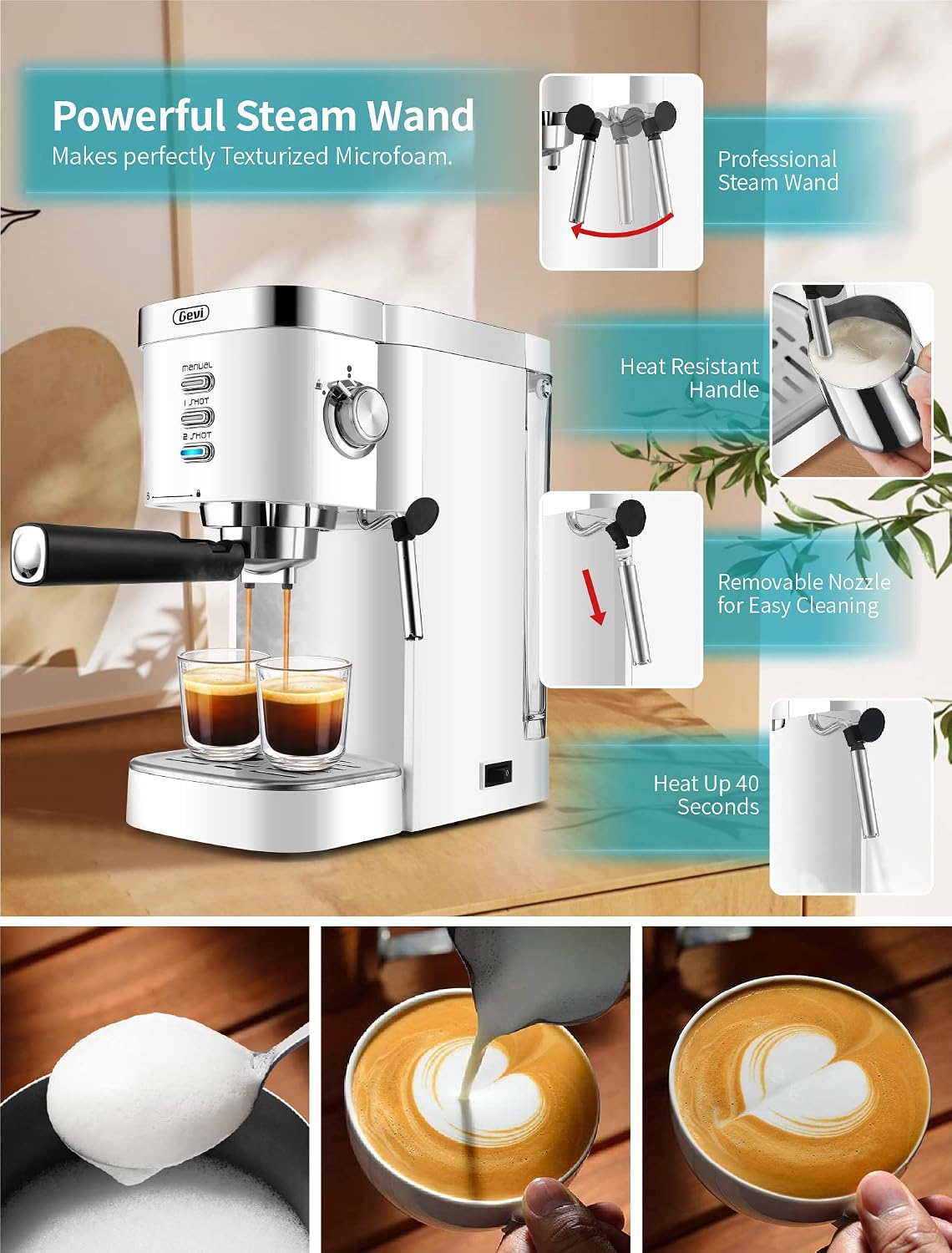 Gevi Espresso Machines 20 Bar Fast Heating Automatic Cappuccino Coffee Maker with Foaming Milk Frother Wand for Espresso, Latte Macchiato, 1.2L Removable Water Tank, 1350W, White