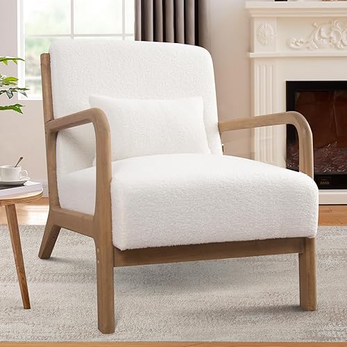 ANJHOME Silla decorativa moderna de mediados de siglo, cómoda silla de lectura de lana de cordero con marco de madera maciza, sillón de fácil