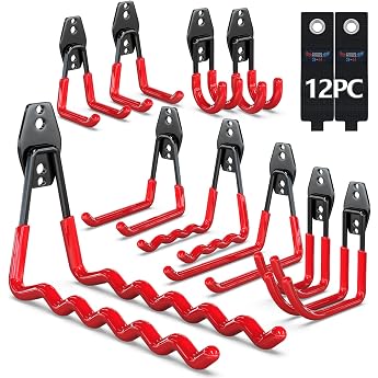 3-H Pack of 12 Garage Hooks Heavy Duty Wall Hooks Double Hooks with 3 Round Welding Points for Maximum Load Capacity for Storage of Garden Tools Ladders Power Tools in Garage & Garden Red