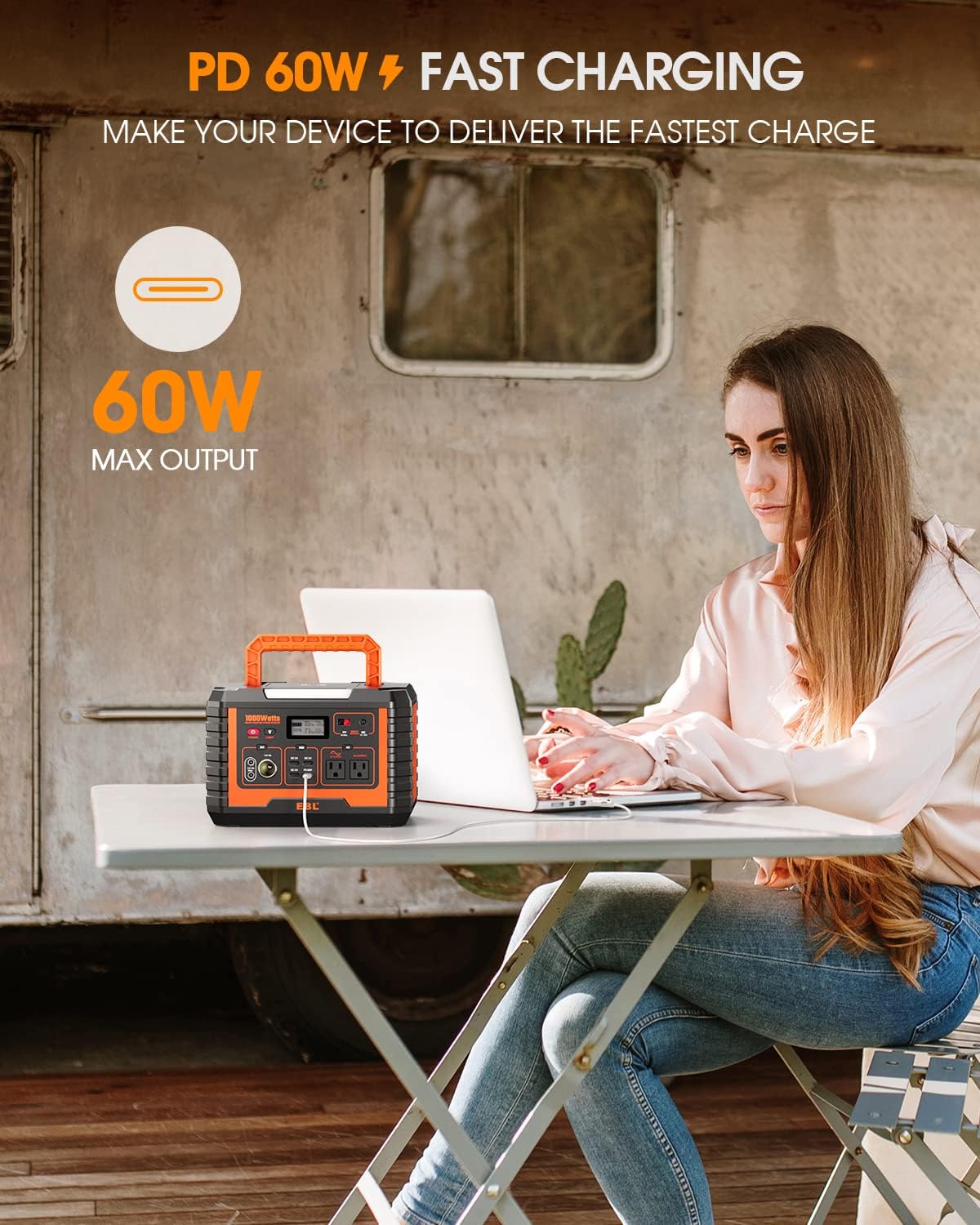 Woman using EBL MP1000 to charge laptop via PD 60W USB-C