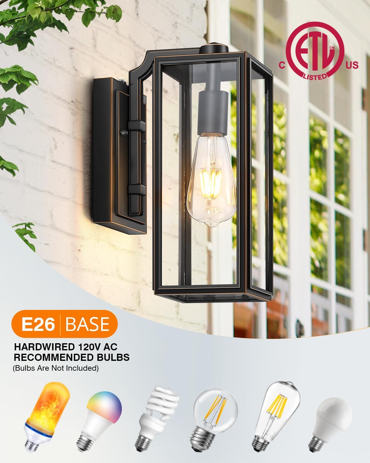 VIANIS Dusk to Dawn Outdoor Wall Lighting, Exterior Waterproof Wall Sconce Light Fixtures, Black Outside Porch Lights with Toughened Glass Shade, Anti-Rust Wall Mount Lantern for Garage 2Pcs
