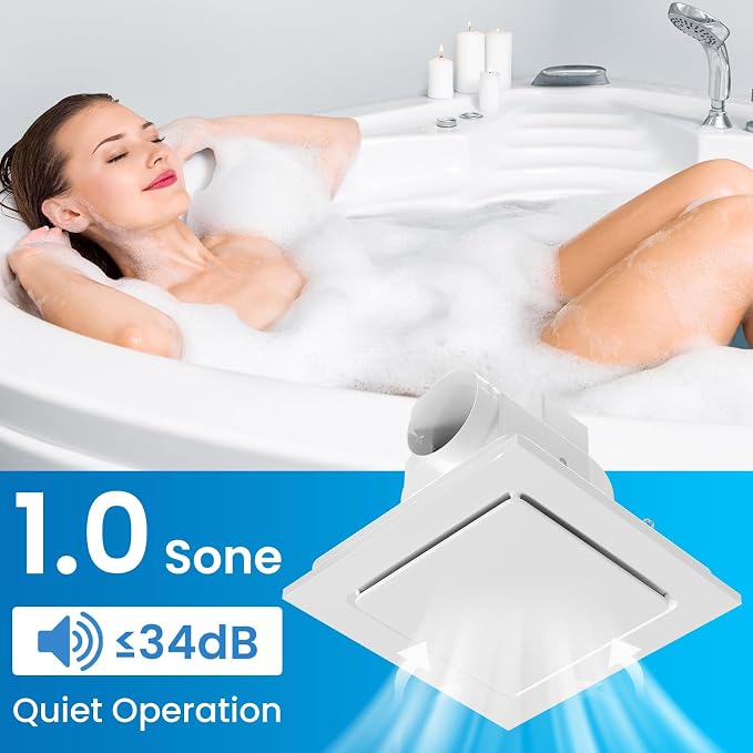 Ventilador de extracción para baño Hon&Guan, ventilador silencioso cuadrado de techo, 111 CFM, 1,0 sones miniatura 3