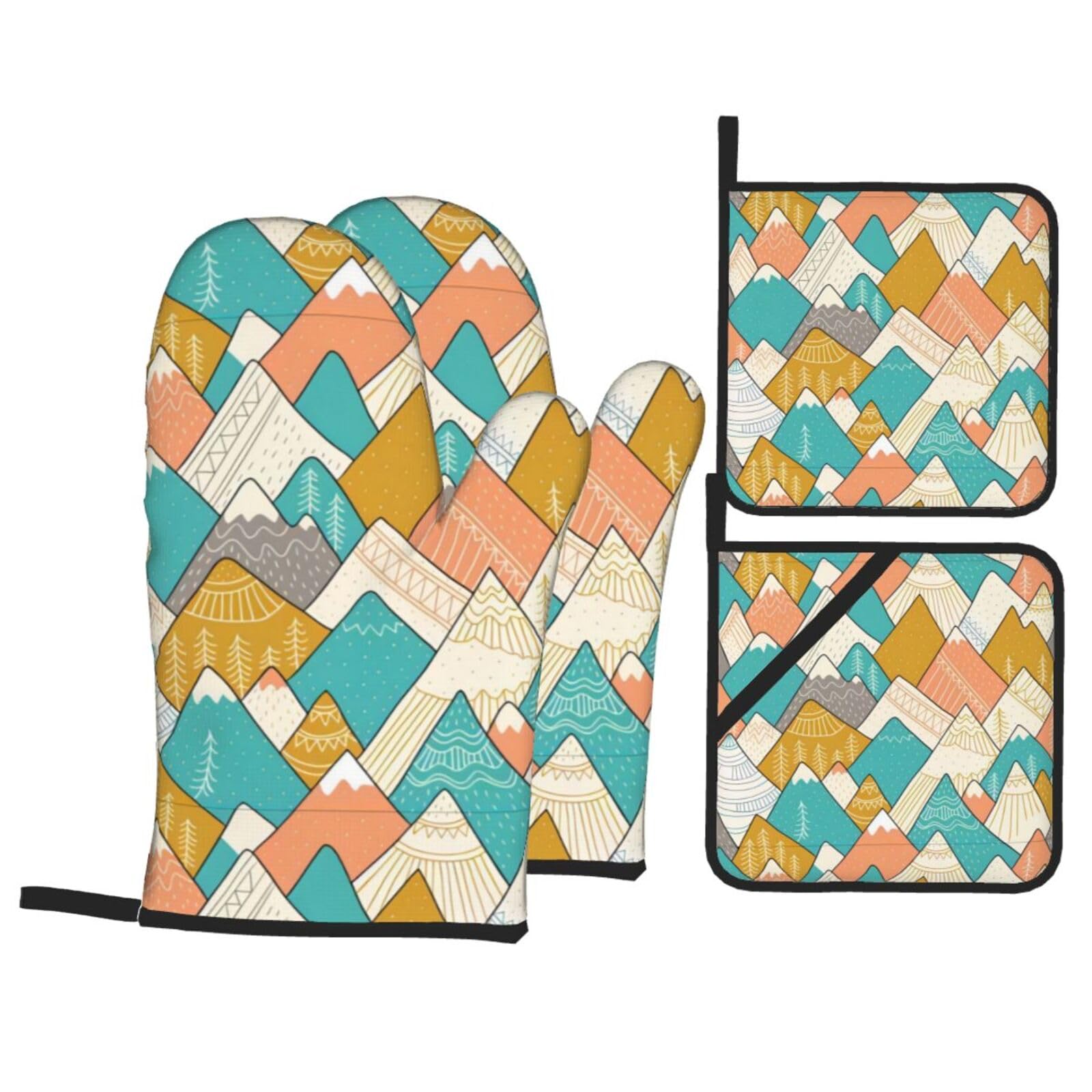 YYHHAOFA Mountains Prints Kitchen Baking Set with Heat Resistant Pot Holders & Oven Mitts - Waterproof Layer for Hot Dishes, Grill & Microwave