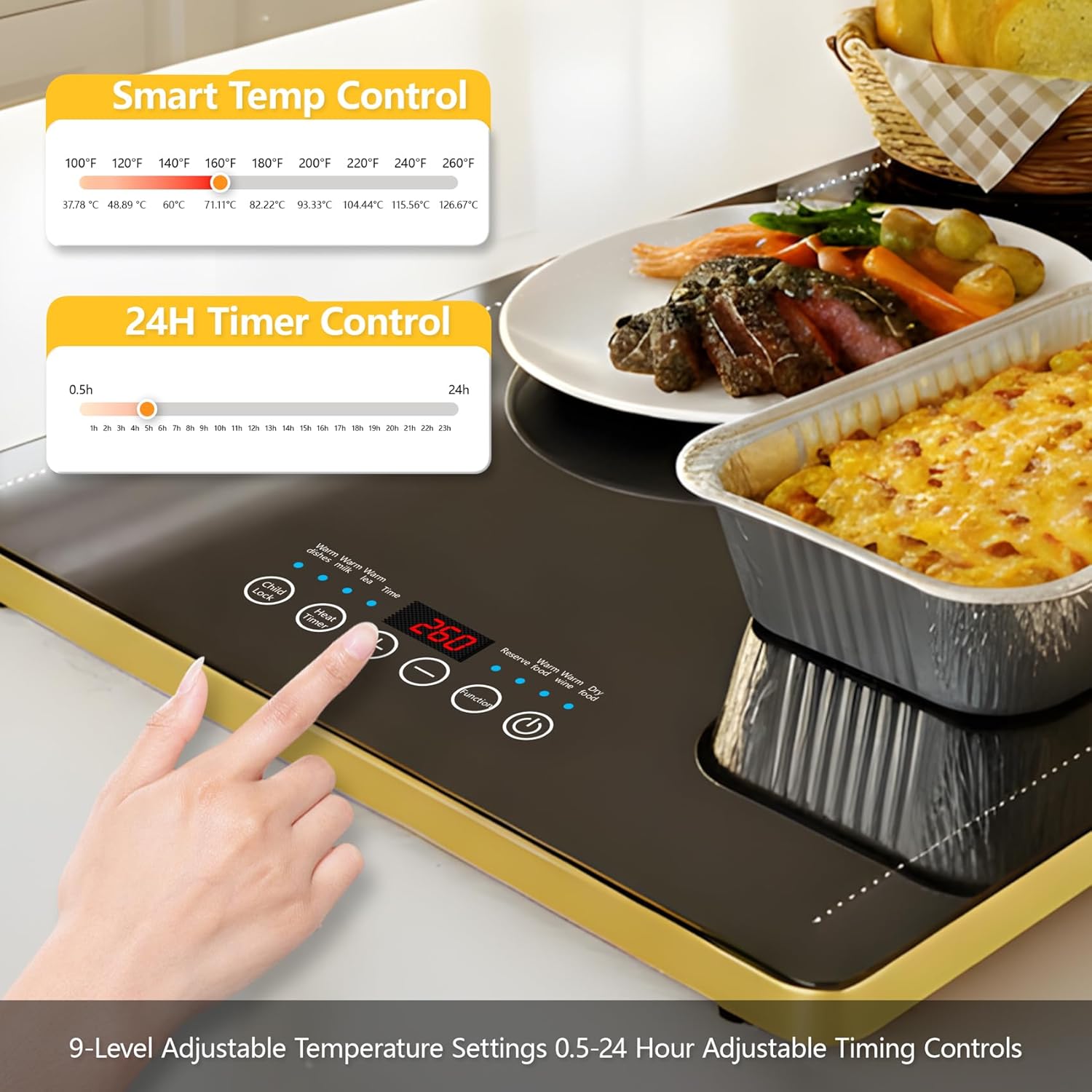 Electric Warming Trays for Buffets Party (XXL 40"x 14"): Warming Mat for Food Extra Large with Touchscreen, 9 Temp Modes, 24H Timer, Full Surface Heating, Tempered Glass Food Warmers, Gold Edge