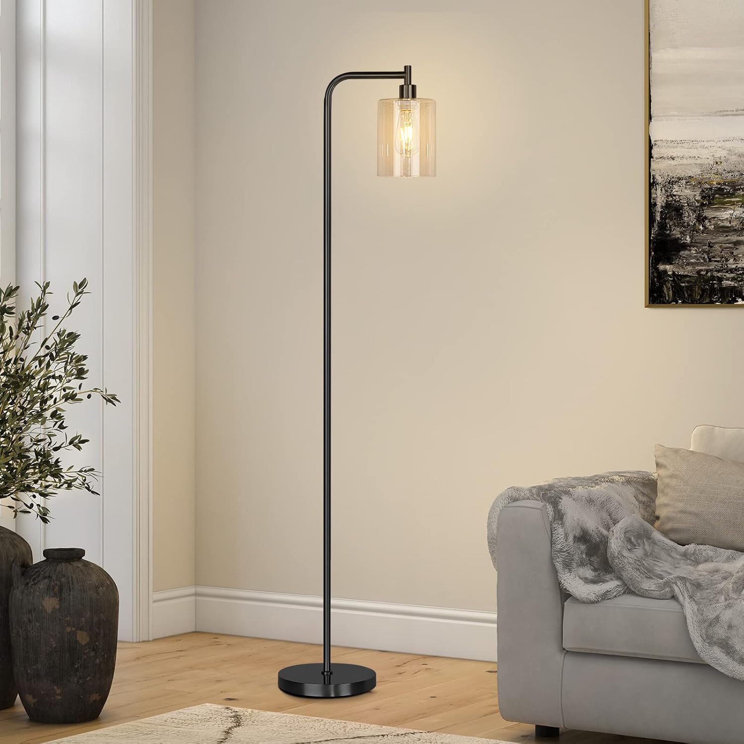 Flаѕh Dеаlѕ - 70% оƒƒ Qimh 67” Industrial Floor Lamp for Living Room, Farmhouse Rustic Standing Lamp with 2 Lampshades (HD Glass, Grey Flax), Minimalist Tall Pole Reading Light for Bedroom, Gold(2700K LED Bulb Included)
