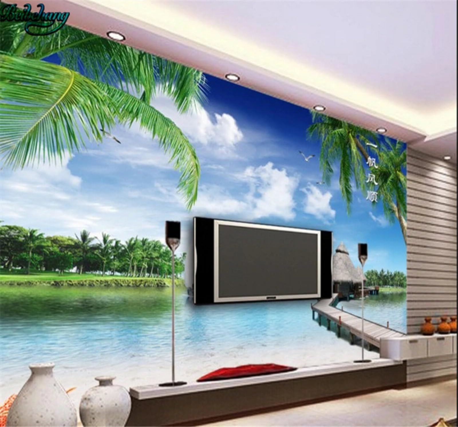 Xlming 430Cm×300Cm(B×H) Seagulls Coconut Palms Beach Sailing Boats Scenery 3D Wallpaper Luxury Silk Study Dining Feature Sofa Grey Bedroom Living Room Tv Decorative Wall-430Cm×300Cm