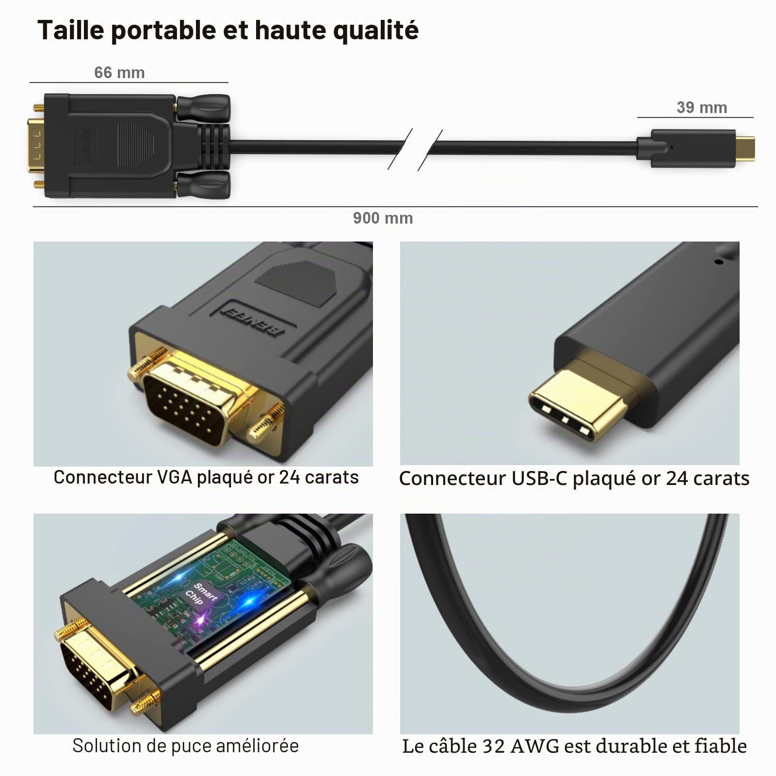 BENFEI Câble USB C vers VGA 0.9M, câble USB Type-C vers VGA [Compatible Thunderbolt 3/4] avec iPhone 15 Pro/Max, MacBook Pro/Air 2023, iPad Pro, iMac, S23, XPS 17, Surface Book 3 et Plus