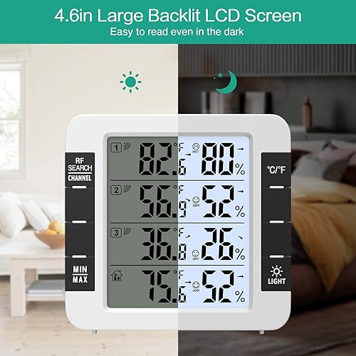 Miniatura 4 de ORIA Termómetro para interiores y exteriores, termómetro higrómetro digital para interiores, retroiluminación LCD, 3 sensores inalámbricos, pantalla