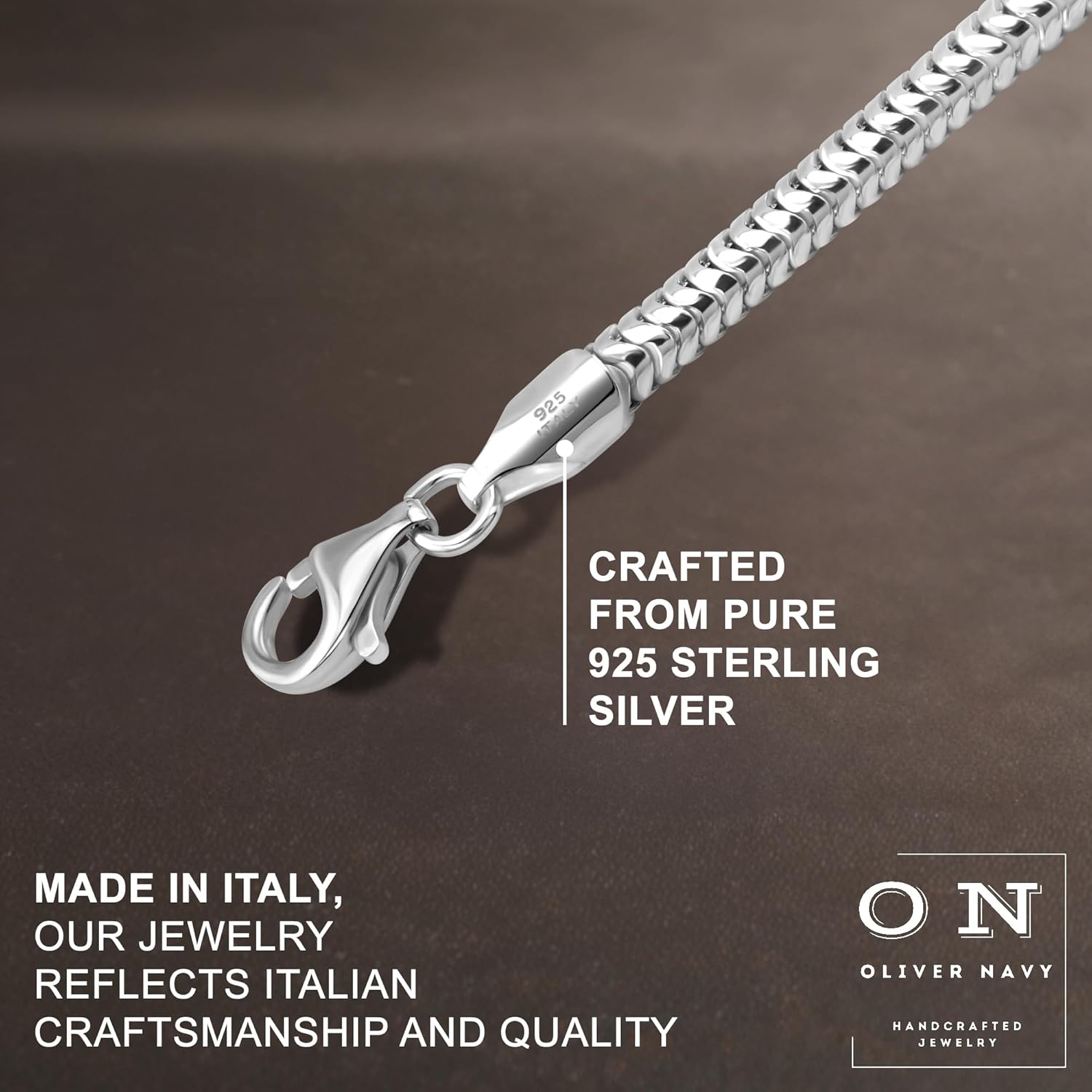 Oliver and Navy Sterling Silver Solid 3mm Snake Chain Bracelet for Women Men (7,8,9,10 Inches)