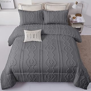Dark Grey Tufted Comforter Set King Size Boho 3 Pieces Comforter Shabby Chic Embroidery Bedding Set Soft Washed Microfiber Comforter for All Season (Dark Grey, 104''x90'')