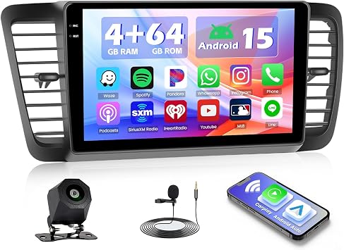 Hikity 4+64G Android 15 Car Stereo for Subaru Legacy Outback 2005-2009, 9 Touchscreen Radio with CarPlay, Android Auto, Bluetooth, GPS Navigation, WiFi, DSP, FM, RDS + AHD Backup Camera