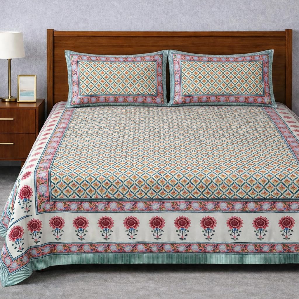 ElanorHomes 240 TC Cotton Double King Size Bedsheet | Ultra-Soft & Skin-Safe | Breathable Summer Comfort | 93x108 inches with 2 Pillow Covers (Emerald Green Kripal Buta)