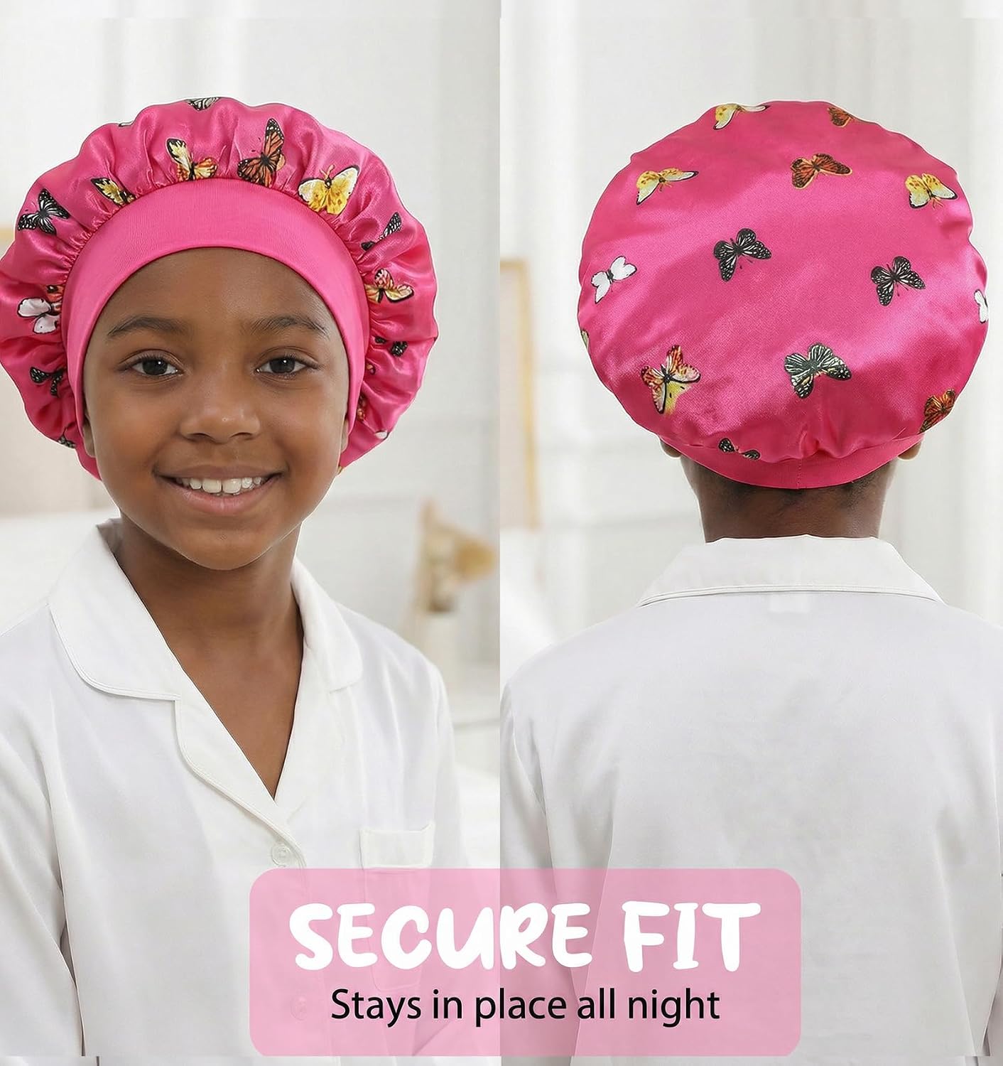 2 Pcs Kids Bonnets for Girls, Satin Bonnet for Toddler Girl 3-12 Year Old Sleeping, Soft Girls Hair Bonnet with Star Pattern, Elastic Edge for Curly & Thin Hairs (Black-White Stripe & Rose Red)