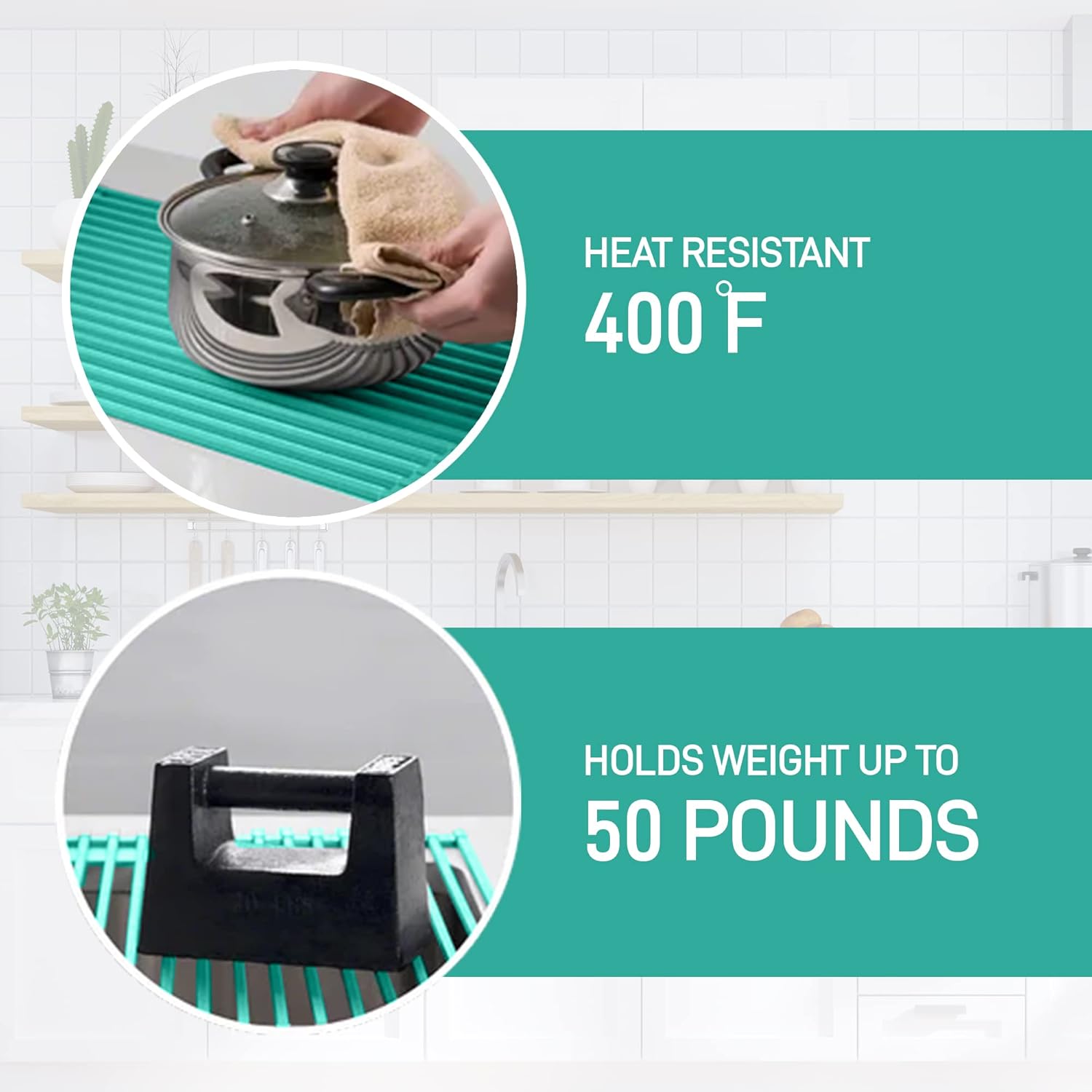 Bellemain Dish Rack Over Sink, Roll Up Dish Drying Rack | Silicone & Stainless Steel Dish Drainer, Dish Drying Mat, Space Saving Drying Rack (Green, Medium)