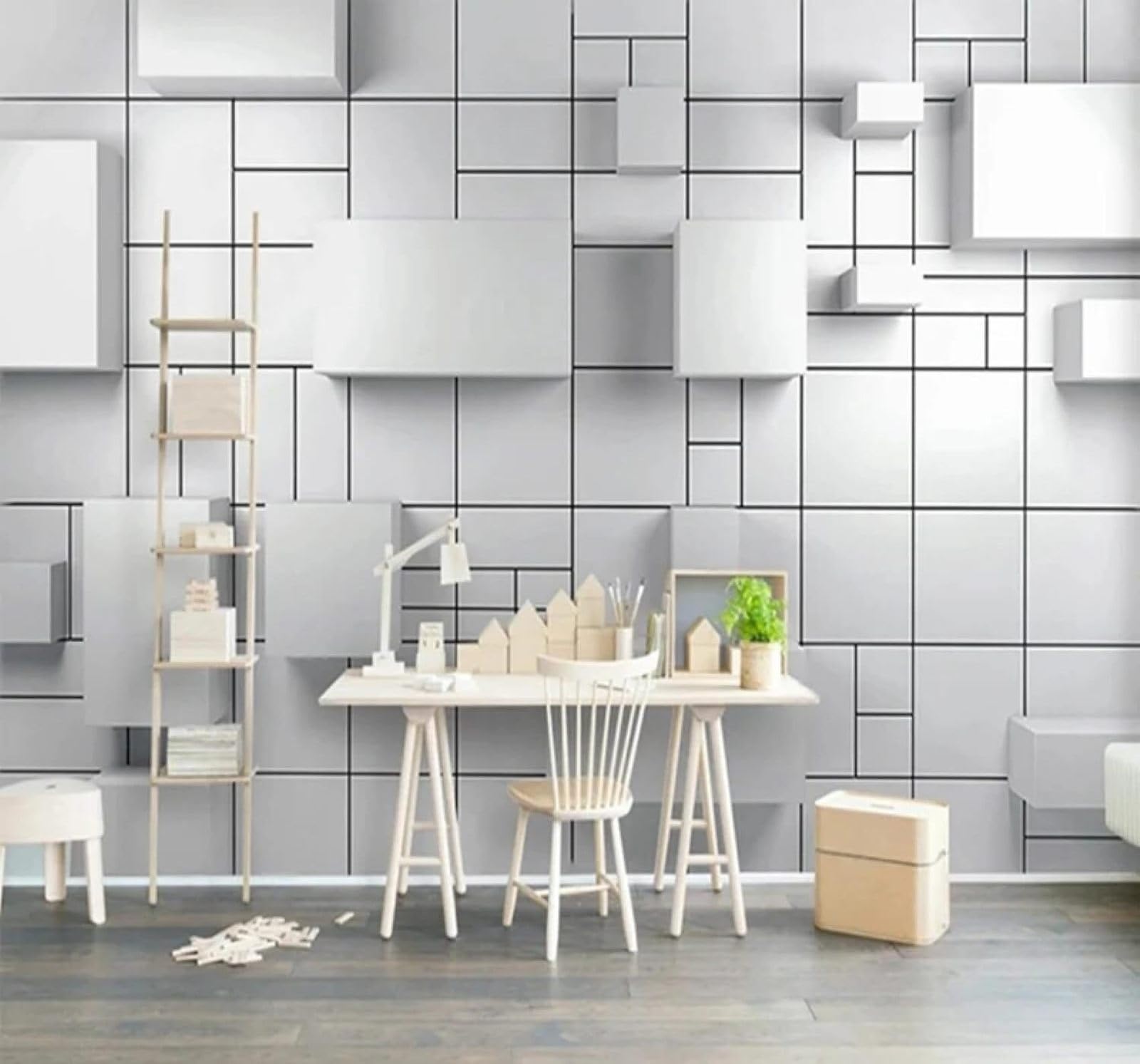 XLMING Creative Geometric Cube White Unique 3D Wallpaper Silky Texture Home Study Office Grey Dining Room Sofa Bedroom Living Room TV Backdrop-400cm×280cm