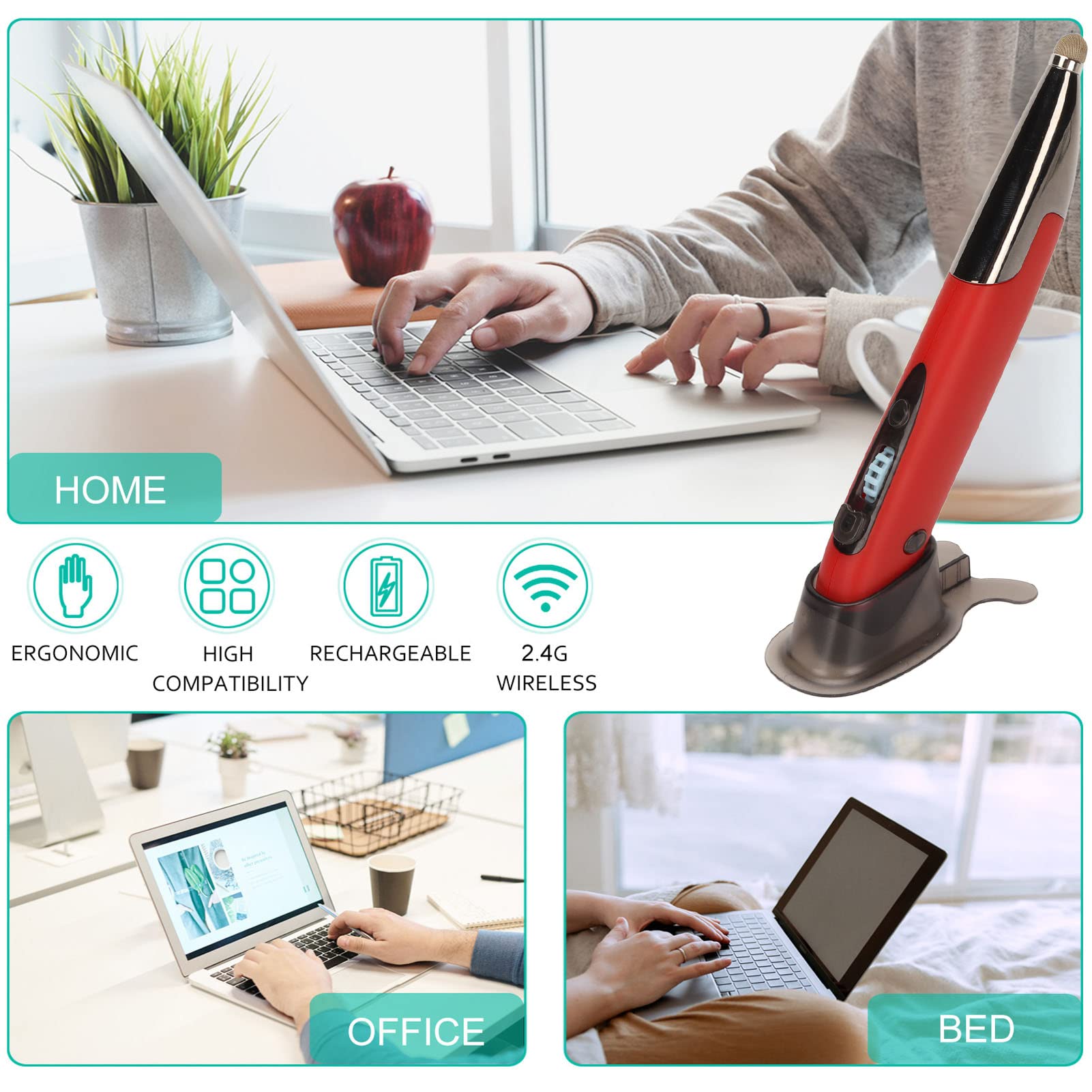 Mouse Ottico con Penna Tascabile Wireless, Bluetooth 2.4G Mouse con Penna Digitale Wireless 2 in 1 Mouse Ergonomico Silenzioso Retroilluminato Luminoso Ricaricabile per PC Laptop Computer(Rosso)