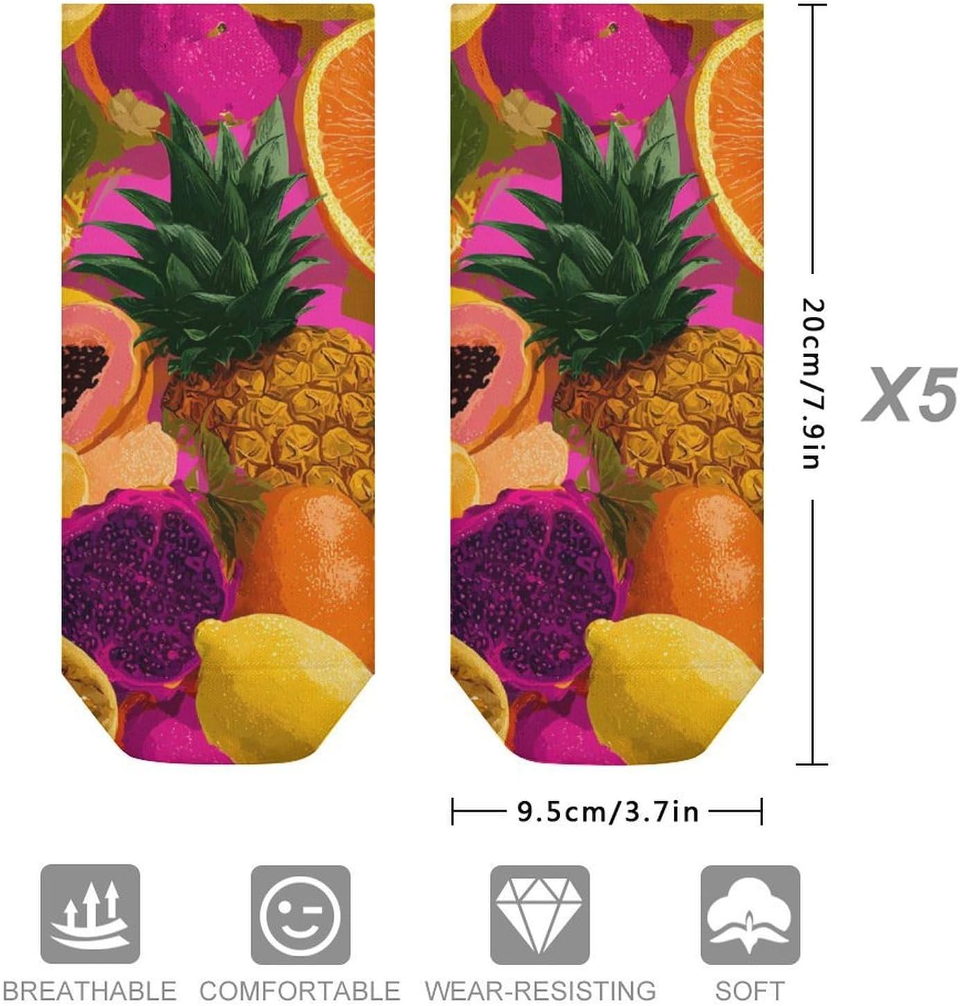 Tropical Fruits Pineapple Banana No Show Ankle Socks Low Cut Non Slip Flat Boat Line 5 Pairs Set